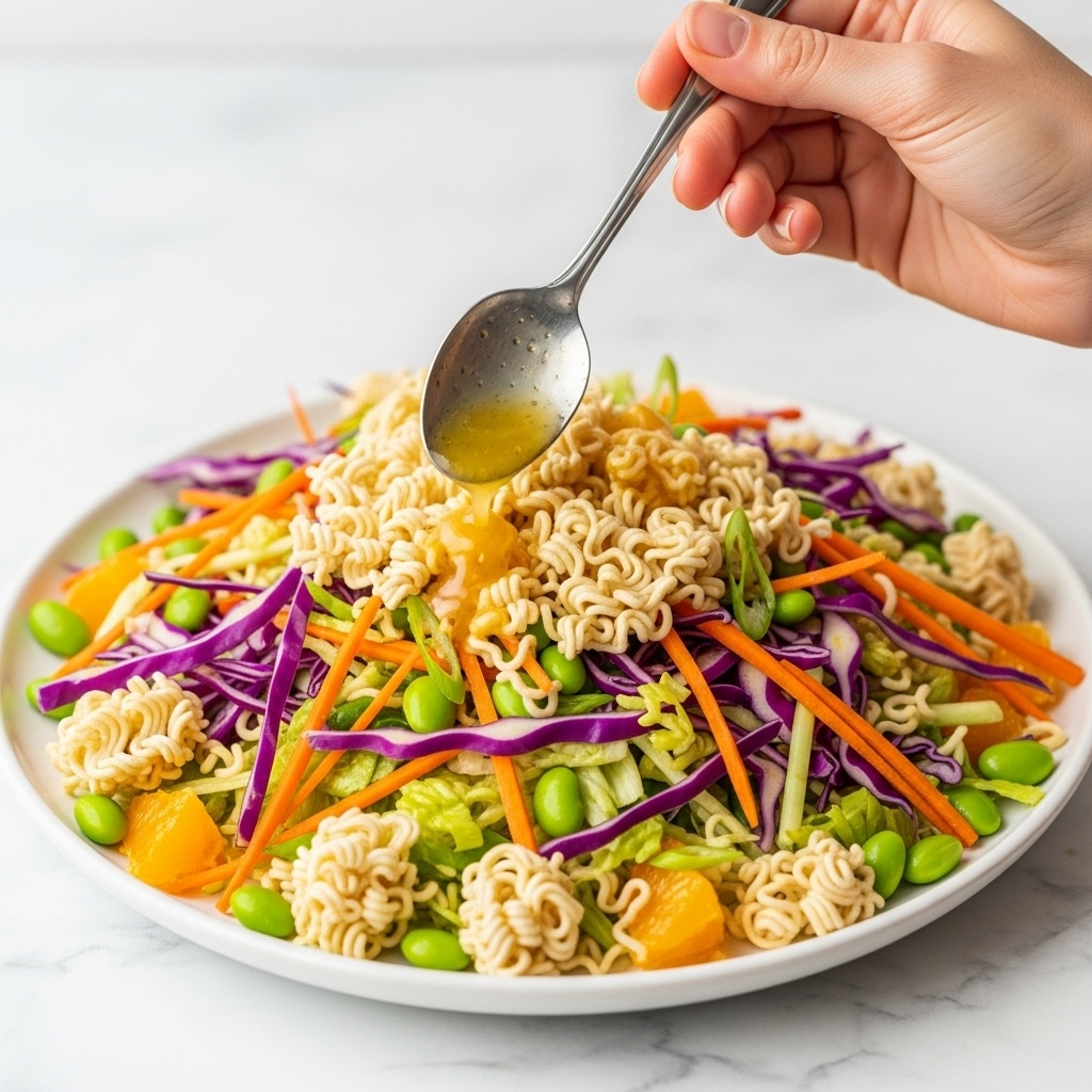 A close-up view of a colorful salad on a white plate with a white marbled background, showing multiple layers including curly light beige crunchy noodles scattered evenly on top, thin strips of purple cabbage, orange carrot slices, and light green cabbage spread throughout the dish. There are also bright orange mandarin segments and small green beans mixed in, creating a vibrant mix of colors and textures. Above the salad, a woman's hand holds a spoon pouring a glossy light yellow dressing over the ingredients, adding a shiny texture on top. Photo taken with an iphone --ar 4:5 --v 7