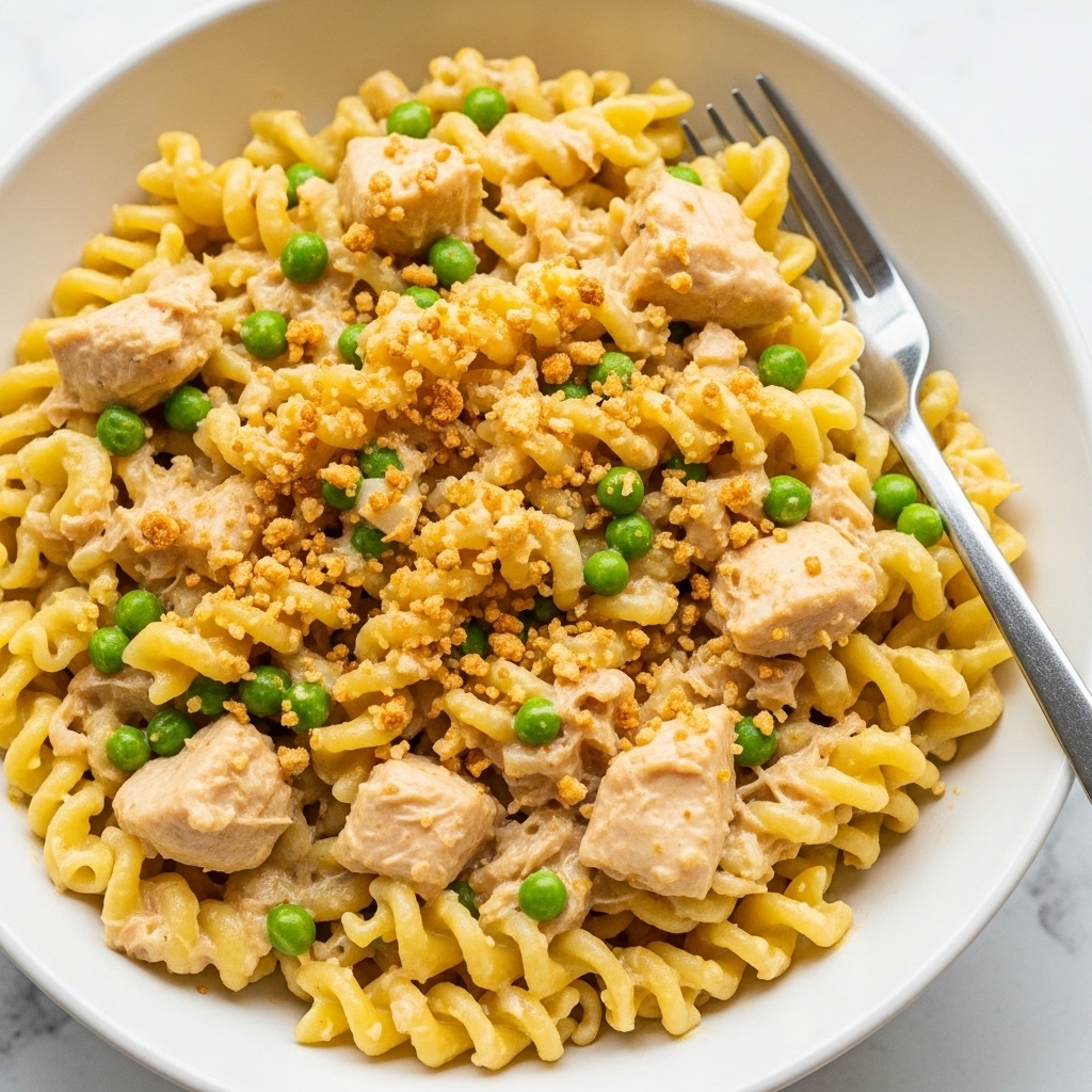 Creamy Tuna Noodle Casserole with Cheddar, Peas, and Crispy Ritz Topping Recipe