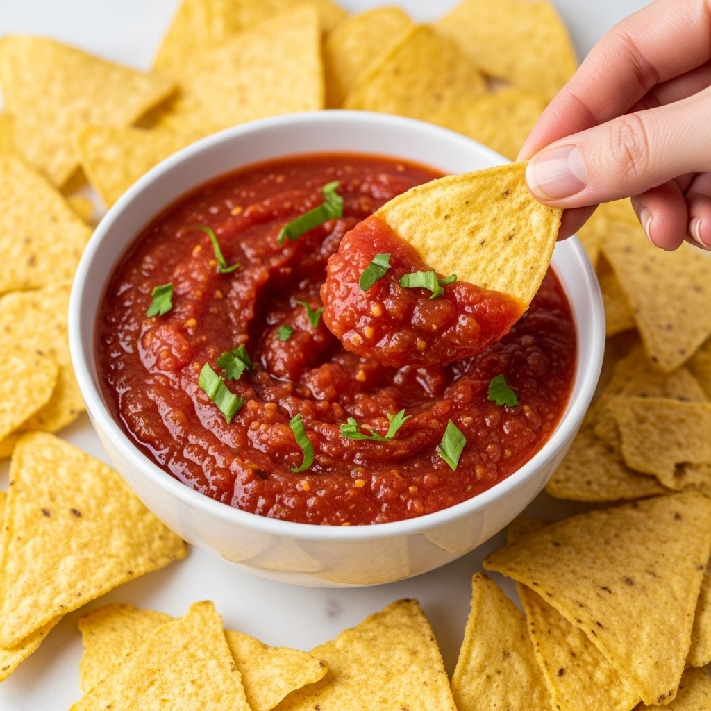 A close-up image of a white bowl filled with red salsa that has small green herb pieces sprinkled on top, surrounded by a layer of yellow tortilla chips placed inside a larger white bowl. A woman's hand is dipping a single yellow triangular tortilla chip into the salsa, creating a small splash effect in the sauce. The background shows a white marbled texture surface. photo taken with an iphone --ar 4:5 --v 7