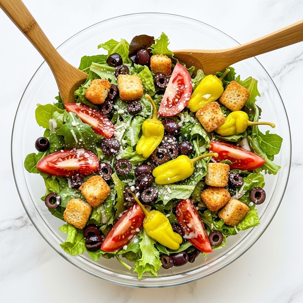 The image shows a fresh salad in a clear glass bowl resting on a white marbled surface. The salad has multiple layers starting with green leafy lettuce as the base, followed by slices of red tomatoes and black olives scattered on top. Golden brown croutons are spread across the salad, adding a crunchy texture. Yellow pepperoncini peppers are also included, sitting near the edges. The salad is lightly sprinkled with grated white cheese, and a creamy dressing is drizzled over the top. Two wooden salad spoons rest on one side of the bowl. photo taken with an iphone --ar 4:5 --v 7