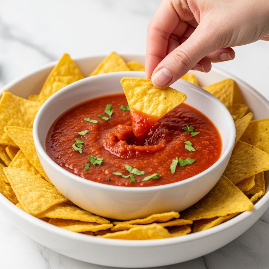 A close-up image shows a white bowl full of chunky red salsa with small green herb pieces on top. The bowl is placed on a white marbled surface and surrounded by many yellow corn tortilla chips. One yellow chip is dipped into the salsa, held by a woman's hand from the right side of the image. The texture of the salsa looks thick and slightly coarse, and the chips have a crisp, rough surface with small dark spots. photo taken with an iphone --ar 4:5 --v 7