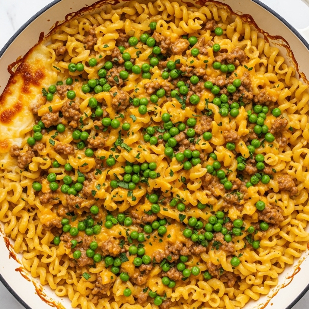A close-up top view of a large white pan filled with creamy yellow cheesy noodles mixed with small green peas and browned ground meat pieces scattered evenly throughout. The noodles show a twisted, curly texture and are coated in melted cheese that has a smooth, slightly glossy surface. Small green herbs are sprinkled on top, adding a fresh look to the rich dish. The pan is placed on a white marbled surface. photo taken with an iphone --ar 4:5 --v 7