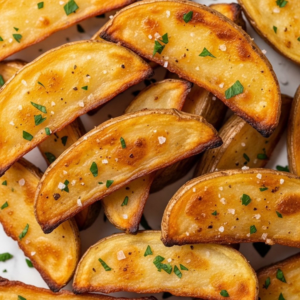The image shows a close-up of golden brown potato wedges with a crispy texture. Each wedge has a slightly rough skin on one side with a soft, well-cooked inside that looks tender and juicy. The wedges are sprinkled with small pieces of green herbs and a light layer of seasoning, giving a fresh and flavorful look. They are placed closely together on a white marbled surface, with a slight shine of oil that makes them look hot and ready to eat. photo taken with an iphone --ar 4:5 --v 7