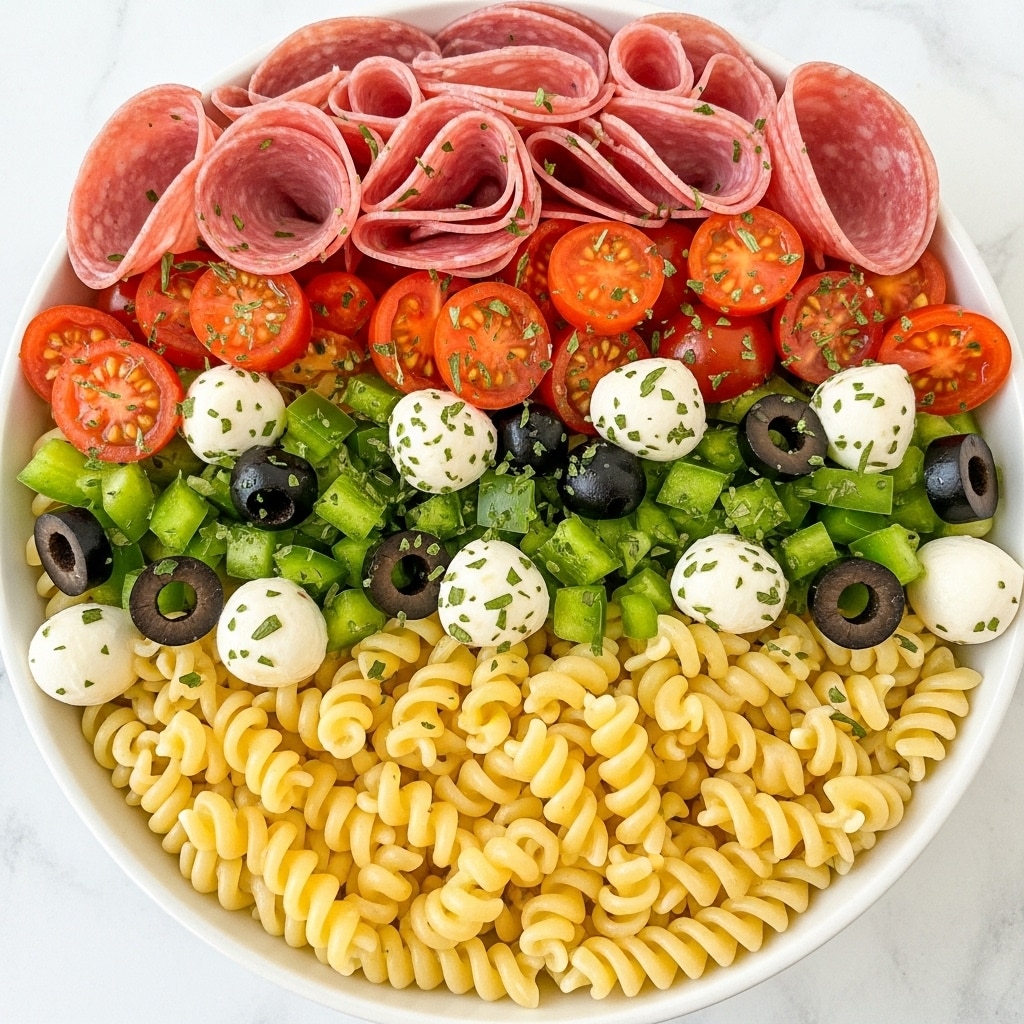 A close-up view of a pasta salad in a round wooden bowl placed on a white marbled surface, showing three main layers: the bottom layer of curly rotini pasta in pale yellow, the middle layer of chopped green bell peppers, black olives, small orange pepperoni slices, and diced red onions, and the top layer of halved cherry tomatoes, cubes of pink ham, and small white mozzarella balls, all tossed together with sprinkled green parsley flakes. photo taken with an iphone --ar 4:5 --v 7