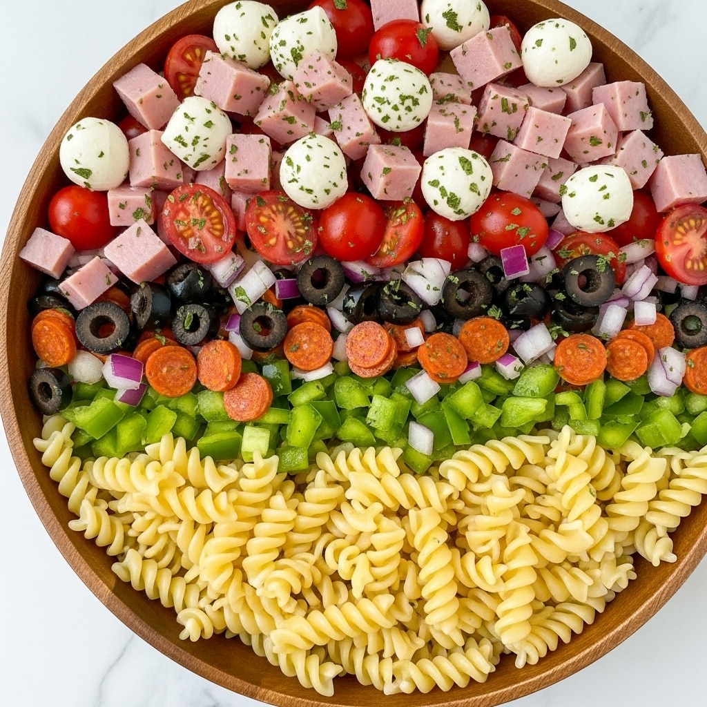 A close-up view of a colorful pasta salad in a round white bowl, showing three main layers: the bottom has small spiral pasta in a pale yellow color, the middle is mixed with bright green diced bell peppers, black olive slices, and small white mozzarella balls, and the top layer features thin slices of pinkish-red salami, halved red cherry tomatoes, small round orange pepperoni, and sprinkled green herbs all over. The bowl sits on a white marbled texture surface. photo taken with an iphone --ar 4:5 --v 7