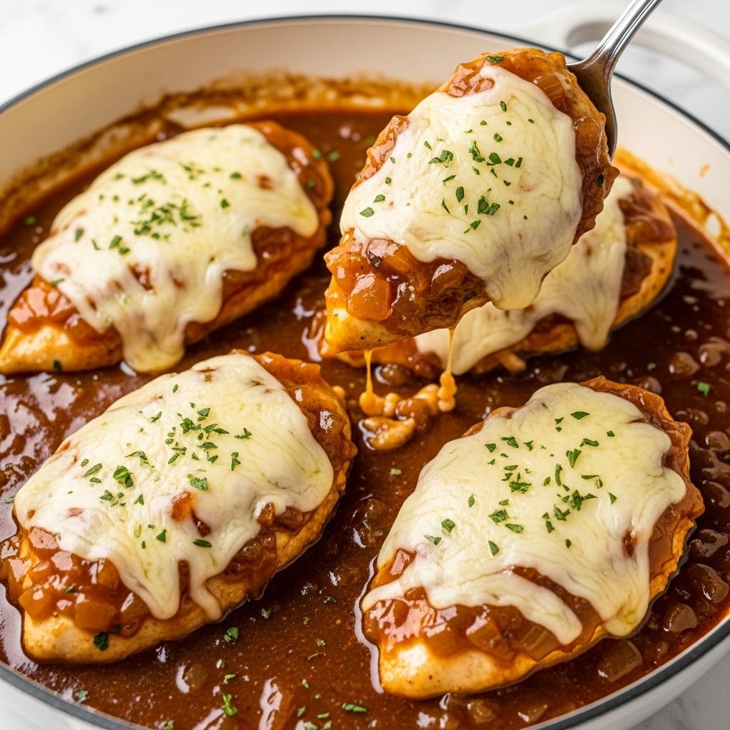 The image shows several pieces of cooked chicken covered in melted cheese and thick brown gravy with small bits of onions and herbs. The chicken pieces are in a white pan with some sauce pooling around them. You can see a metal spoon lifting one piece slightly, showing the gooey texture of the cheese mixed with the gravy. Small green parsley bits are sprinkled on top for garnish. The background is a white marbled texture. photo taken with an iphone --ar 4:5 --v 7