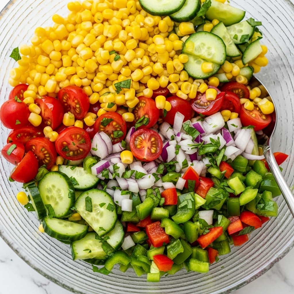 A clear textured bowl filled with a colorful corn salad made of three main visible layers: at the bottom, vibrant yellow corn kernels mixed with small green herbs and bits of white cheese; the middle layer shows scattered bright red cherry tomato halves and small cucumber slices with green skin; the top layer is sprinkled with finely chopped green bell peppers, red onions, red bell peppers, and fresh green herbs, all mixed together with a light dressing that makes the salad look fresh and shiny, with a metal spoon resting inside the bowl. The bowl sits on a white marbled surface photo taken with an iphone --ar 4:5 --v 7