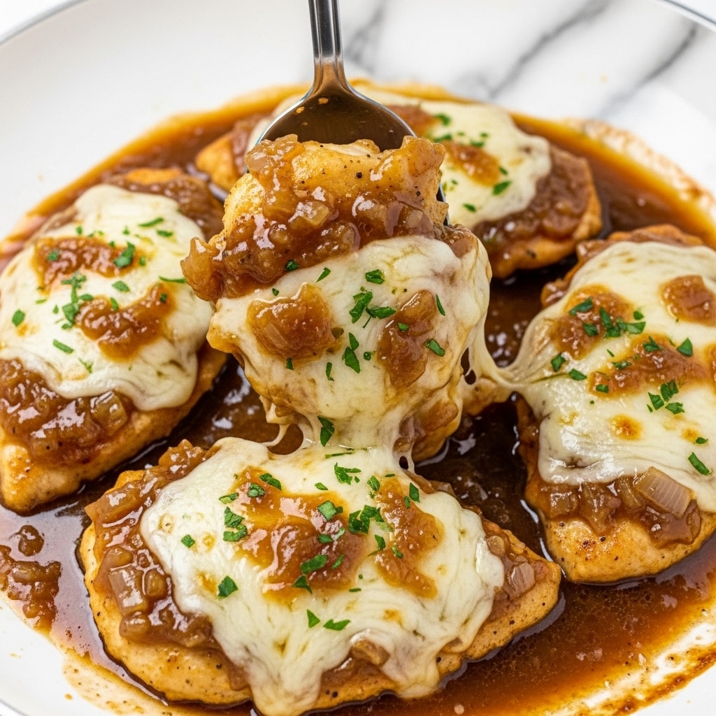 The image shows a close-up of four pieces of cooked chicken breast in a white pan, each piece covered with a thick layer of melted cheese on top. The chicken is bathed in a rich, brown sauce with visible small chunks, likely onion or mushroom, creating a textured surface. The sauce has a glossy finish, coating the chicken evenly and pooling slightly at the edges of the pan. Small green herb bits are sprinkled lightly over the cheese and sauce, adding a touch of color contrast. A silver spoon is lifting one piece of chicken from the pan, showing the sauce dripping slightly. The background is a white marbled surface. photo taken with an iphone --ar 4:5 --v 7