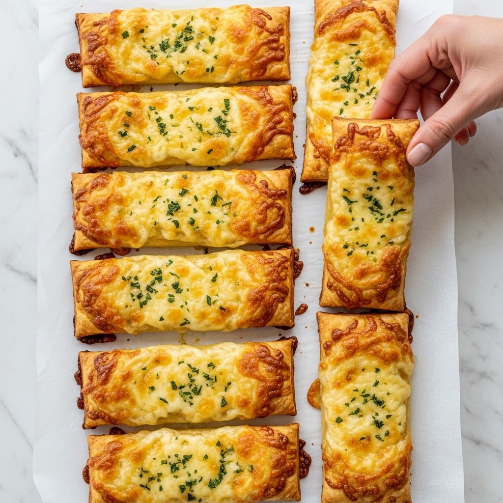 The image shows several golden brown rectangular pastry sticks placed in a row on white parchment paper over a white marbled surface. Each stick has a crisp, flaky base layer with a bubbly, melted cheese layer on top, lightly browned in spots. The cheese is sprinkled evenly with small bits of fresh, chopped green herbs. A woman's hand is seen gently lifting one of the pastry sticks, highlighting the glossy texture of the cheese and the flaky edges of the pastry. photo taken with an iphone --ar 4:5 --v 7