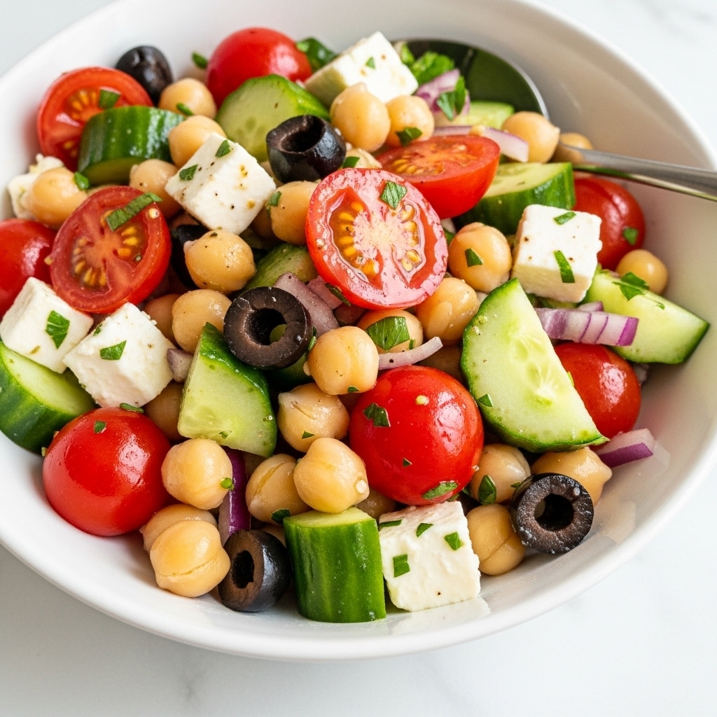 A close-up view of a fresh salad in a white bowl filled with multiple colorful layers: the bottom layer shows light green cucumber pieces with smooth surfaces, followed by a mix of bright orange chickpeas scattered throughout, juicy red cherry tomato halves, dark purple sliced olives, small white cubes of feta cheese with a crumbly texture, avocado chunks with green and yellow shades, and bits of purple-red onion. The salad is lightly coated with herbs and seasoning, giving it a fresh and healthy look, placed on a white marbled surface. photo taken with an iphone --ar 4:5 --v 7