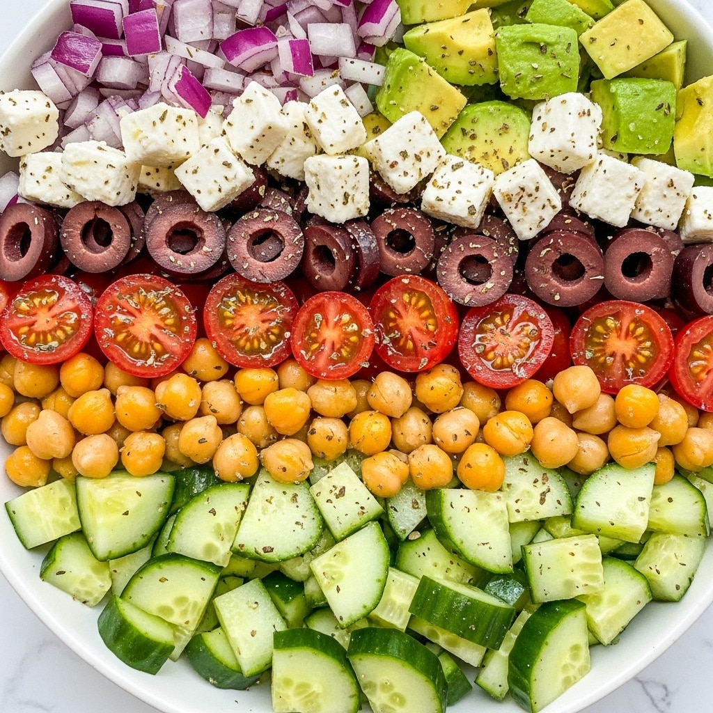 A close-up view of a fresh chickpea salad in a white bowl. The salad has three main layers mixed together: round, light beige chickpeas; chopped red cherry tomato halves with shiny, smooth skin; and small chunks of pale white feta cheese. There are also pieces of dark black olive slices, bright green cucumber chunks with textured skin, and small bits of red onion. The salad is sprinkled with chopped green herbs and lightly coated with a dressing that glistens slightly. The bowl is placed on a white marbled surface. A spoon is partially visible inside the bowl. photo taken with an iphone --ar 4:5 --v 7