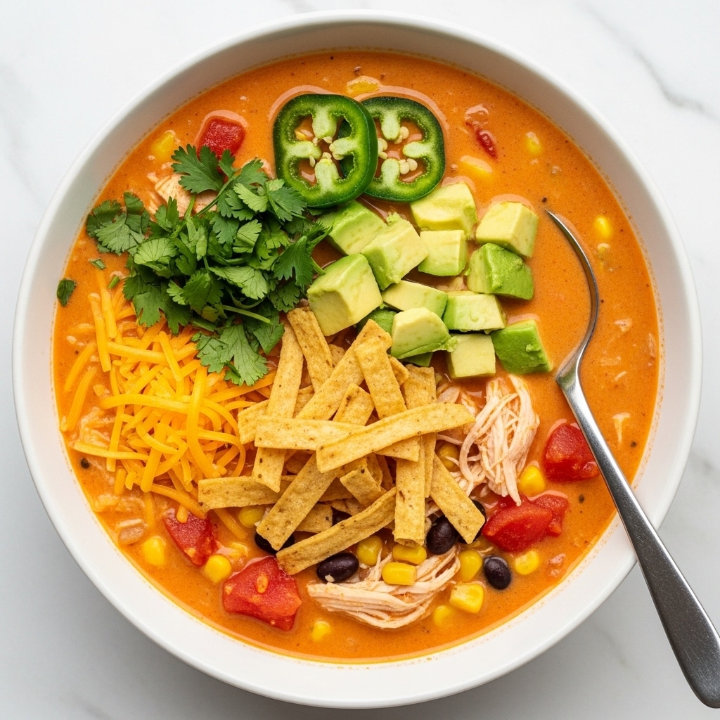A white bowl filled with a creamy orange soup layer with visible chunks of tomatoes, black beans, corn, and shredded chicken in the base. On top, there is a layer of crispy light brown tortilla strips placed in the center. Surrounding the tortilla strips are small cubes of green avocado and two slices of green jalapeño peppers on one edge. Next to the peppers, bright yellow shredded cheese is piled with a sprig of fresh green cilantro beside it. The bowl sits on a matching white plate over a white marbled surface, with a spoon resting inside the bowl on the right side. Photo taken with an iphone --ar 4:5 --v 7