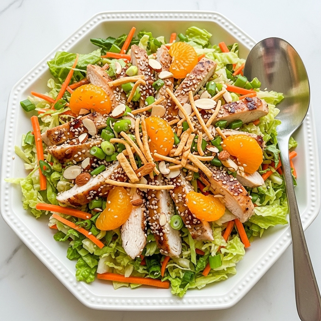 A white octagonal plate holds a colorful mixed salad with several layers: the base is light green chopped lettuce mixed with thin orange carrot sticks and green sliced scallions. On top, there are small chunks of grilled chicken with a browned outer layer, bright orange mandarin slices, thin crispy golden brown strips, and sliced almonds scattered throughout. The salad is sprinkled with sesame seeds and drizzled with a light brown dressing. A silver serving spoon rests on the plate, set on a white marbled surface with a white cloth nearby. photo taken with an iphone --ar 4:5 --v 7