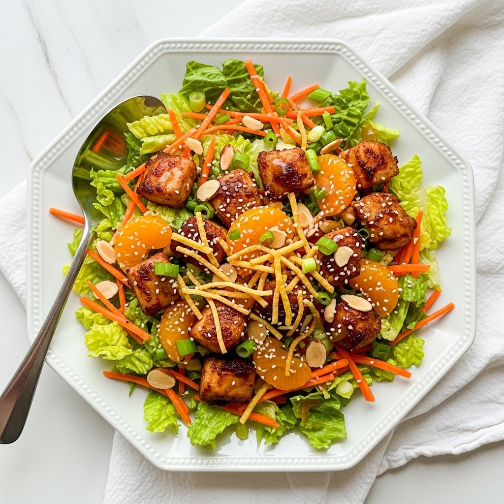 The image shows a white octagonal plate filled with a colorful layered salad. The base layer is made of light green chopped cabbage and lettuce, mixed with orange carrot sticks and bright green sliced scallions. On top of this sits pieces of grilled chicken with a light brown crust and white inside, scattered evenly. Bright orange mandarin slices add vibrant pops of color across the plate. Thin crunchy golden-brown strips and crispy noodle pieces are placed sparsely over the top, along with light brown almond slices and sesame seeds sprinkled throughout. A dark soy or dressing is lightly drizzled over the salad, adding a glossy finish. A large silver spoon rests on the right side of the plate, which is placed on a white marbled surface. photo taken with an iphone --ar 4:5 --v 7