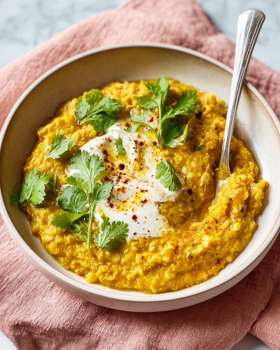 A round white bowl holds a creamy yellow lentil stew with a thick texture, spread evenly to cover the bottom and sides. On top, there is a dollop of white yogurt in the center, surrounded by fresh bright green cilantro leaves. The lentils have hints of orange and brown spices, giving a speckled look across the surface. A silver fork rests inside the bowl on the right side, slightly digging into the stew. The bowl is placed on a white marbled surface, adding a clean and soft background. photo taken with an iphone --ar 4:5 --v 7