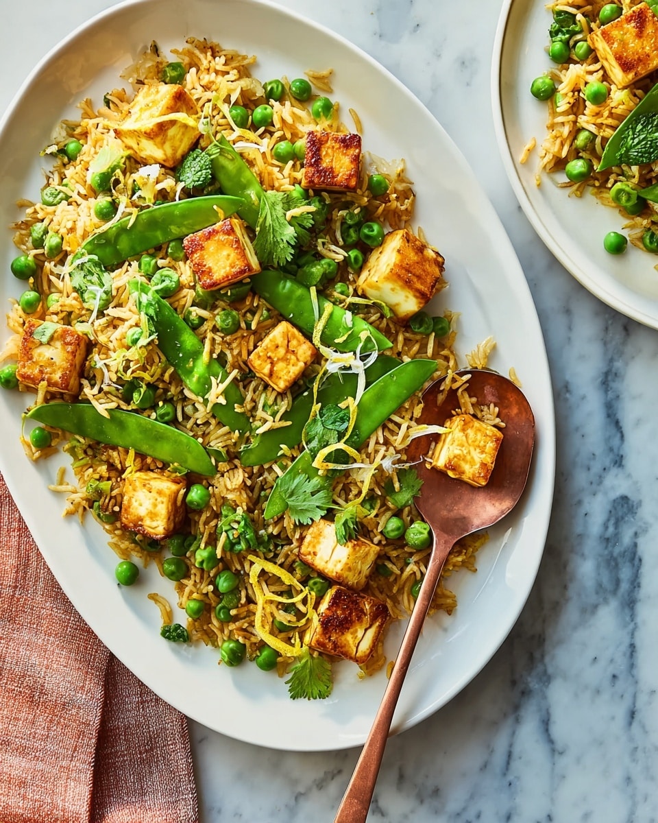 The image shows a white oval plate filled with a colorful rice dish. The base layer is light brown cooked rice with a slightly fluffy texture. On top of the rice, there are multiple bright green pea pods and scattered small green peas, adding a fresh and vibrant touch. Spread across the plate are cubes of golden-brown fried paneer, showing a crispy outside and soft inside. Thin, light yellow strands, possibly lemon zest or fine noodles, are sprinkled over the dish. Green herbs like coriander leaves are lightly scattered, adding another layer of color. A rose gold spoon and fork rest on the right side of the plate, with the spoon holding a cube of paneer. In the top left corner, a small part of another white plate with a similar rice dish is visible on a white marbled texture surface. Photo taken with an iphone --ar 4:5 --v 7