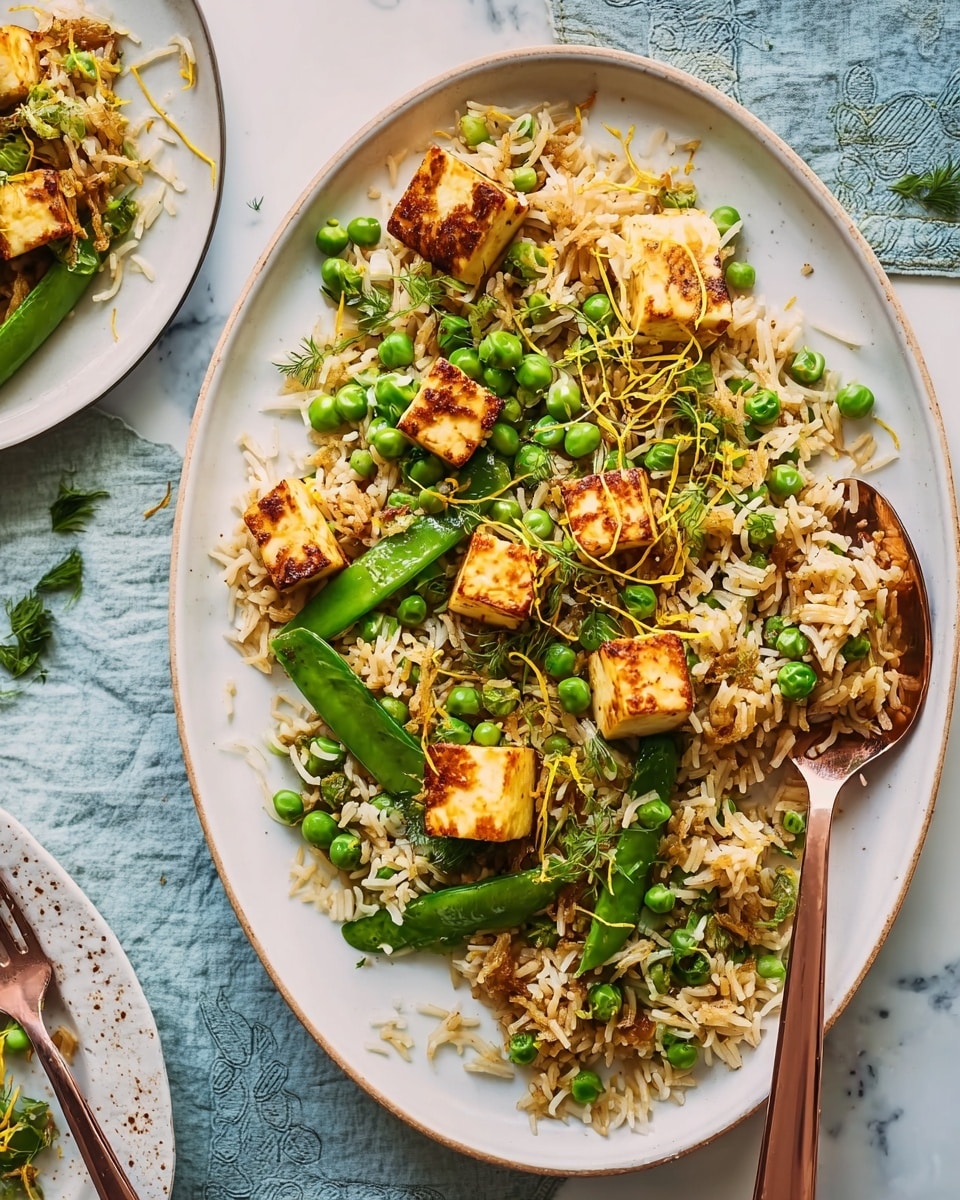 A white oval plate holds a dish with three main layers: the base is a bed of golden-brown cooked rice mixed with green peas scattered throughout, the middle layer has bright green snap peas placed over the rice, and the top layer features small, golden-brown cubes of fried paneer evenly spread. Thin curls of light yellow lemon zest and fresh green cilantro leaves are sprinkled on top. A copper-colored fork and spoon rest on the right side of the plate, with the spoon holding a cube of paneer. In the background, a second white plate with a similar dish is partially visible on a white marbled surface. photo taken with an iphone --ar 4:5 --v 7