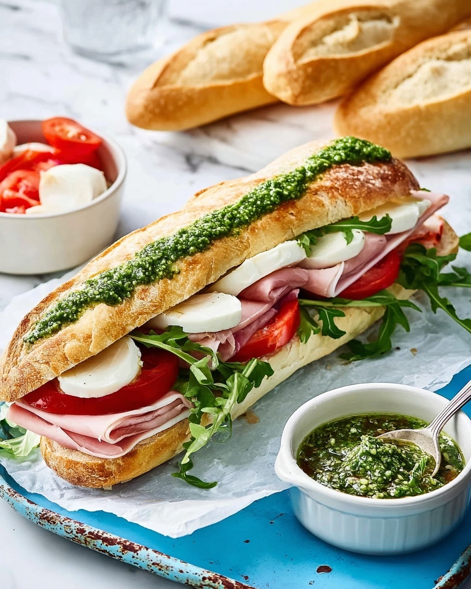 A sandwich with three visible layers is placed on a white parchment-lined tray with a white marbled surface. The bottom layer consists of thin, light pink slices of ham. Above it, there are bright red slices of tomato topped with dark green leaves of arugula. The top layer has white mozzarella slices covered with a shiny green pesto sauce. In the background, there is a white bowl filled with white mozzarella balls and red tomato slices, and to the right, there are three light brown baguettes. In the foreground, a white bowl contains green pesto sauce with a spoon inside. Photo taken with an iphone --ar 4:5 --v 7