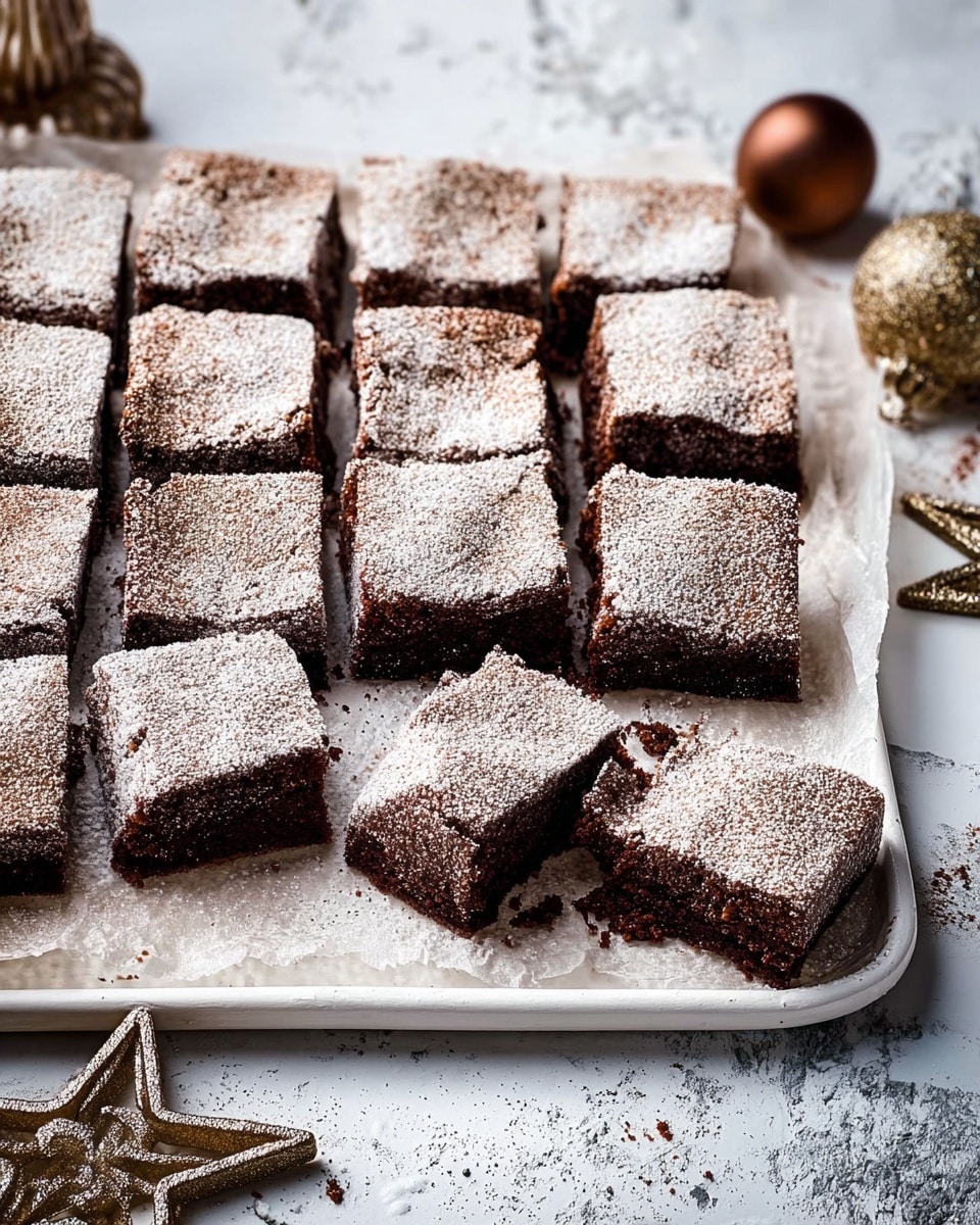 The image shows a baking tray with 12 square pieces of chocolate brownies arranged in a grid. Each brownie has a cracked, slightly rough top layer dusted with light powdered sugar, giving a dusty white and brown contrast. The interior of the brownies looks dense and moist with a rich dark brown color. One piece in the front right corner is turned on its side, showing a thick textured bottom and a thin cracked top crust. The tray is placed on a white marbled surface with a few golden star-shaped and pumpkin decorations scattered nearby, creating a cozy festive feel. Photo taken with an iphone --ar 4:5 --v 7