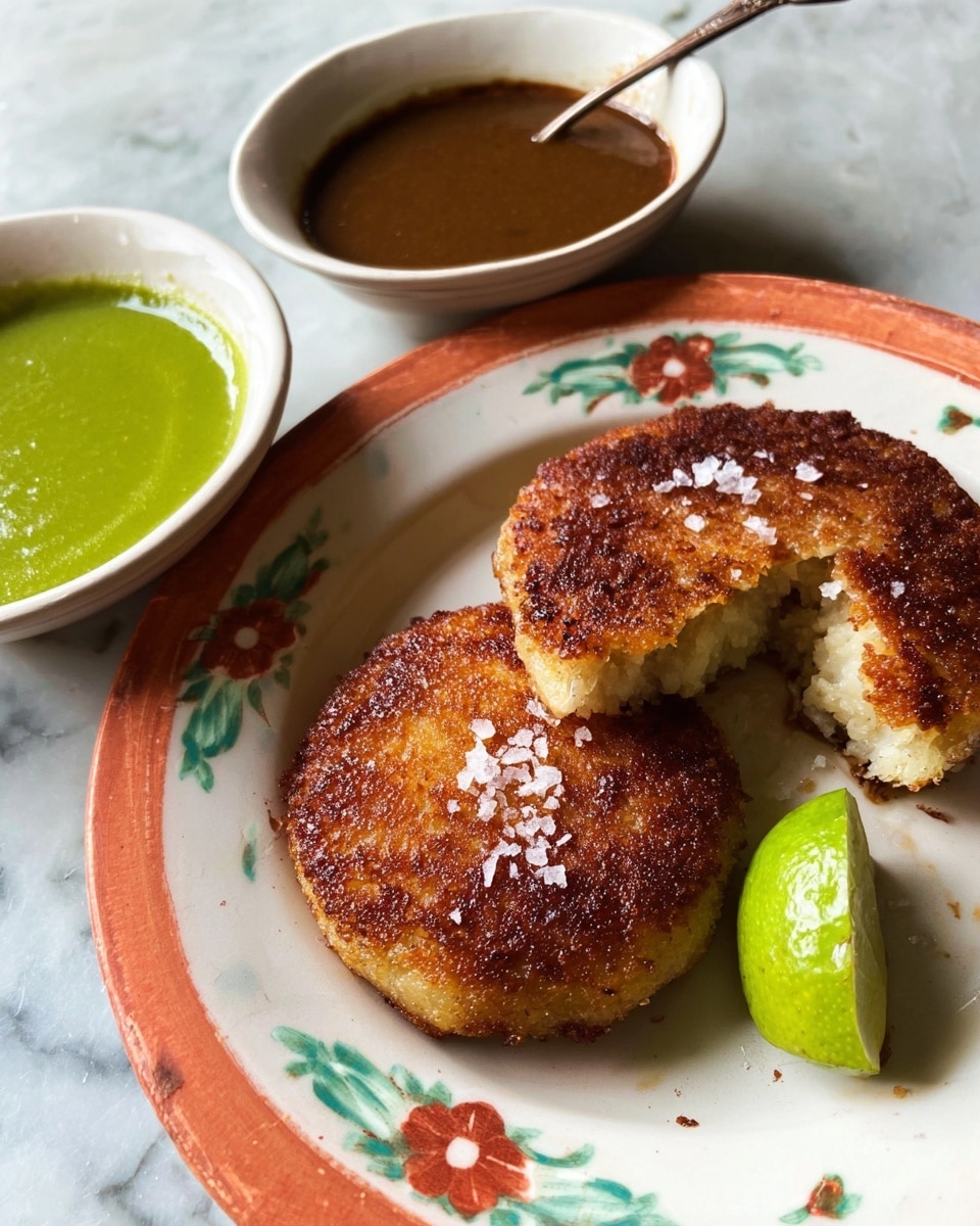 Two golden-brown fried patties with a crispy texture are placed on a white plate with floral patterns around the edge. One patty is whole, and the other is broken in half, showing the soft, pale yellow inside. Coarse salt flakes are sprinkled on the patties. A bright green lime wedge sits next to the patties on the plate. Above the plate, there are two small white bowls; one contains a smooth, bright green sauce, and the other holds a darker, brown sauce with a slightly glossy surface. The scene is set on a white marbled textured surface. Photo taken with an iphone --ar 4:5 --v 7