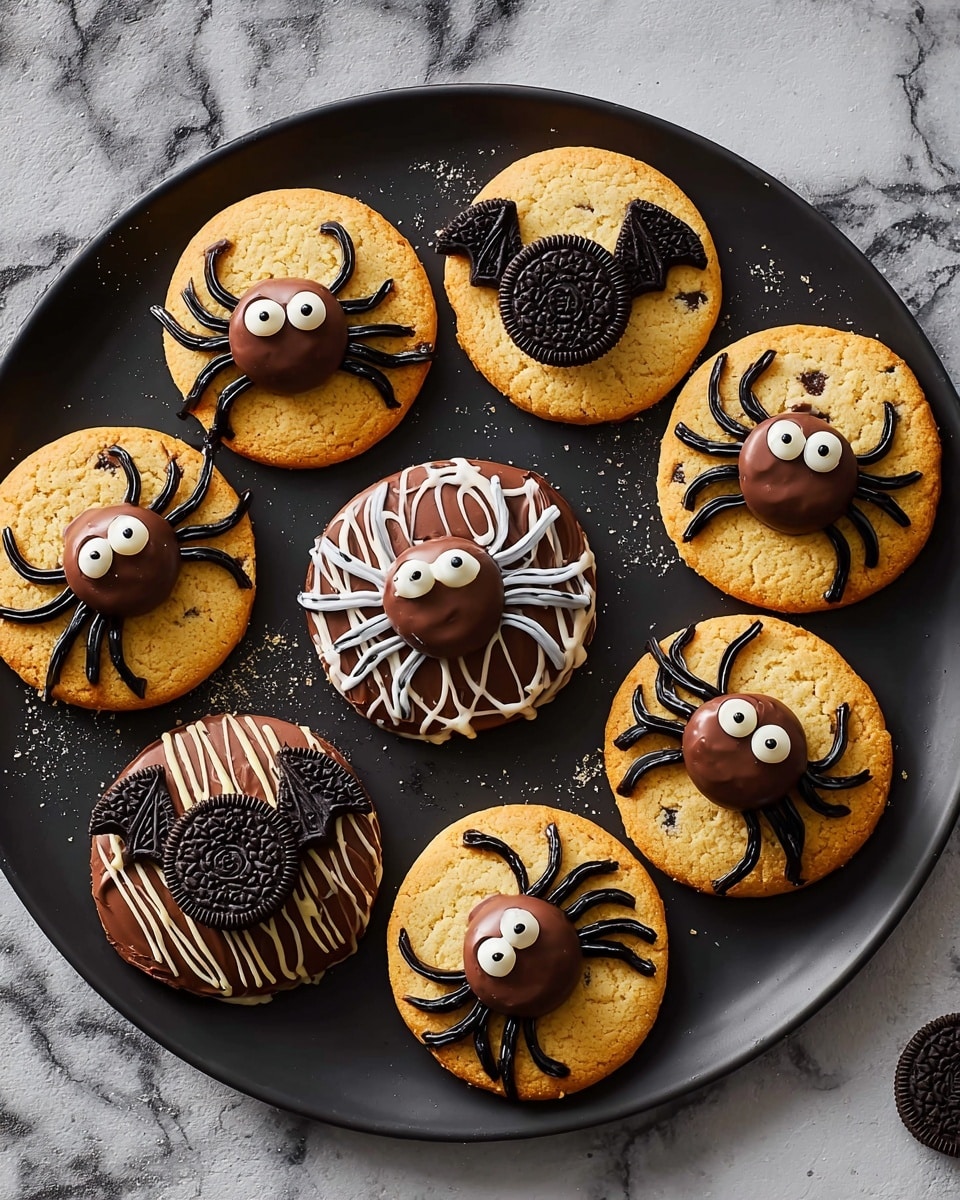 A round black slate plate holds seven round golden-brown cookies decorated as Halloween creatures. Five cookies have spider shapes made from two round milk chocolate balls stacked as the body and head, with thin dark brown lines creating spider legs and details on the bodies. Their eyes are small white dots with black pupils. Two cookies are decorated as bats, each with two dark chocolate Oreo cookie halves placed at the top as wings and a single round milk chocolate piece with eyes as the face in the center. The background is a white marbled texture with more plain cookies scattered around the plate edges. Photo taken with an iphone --ar 4:5 --v 7