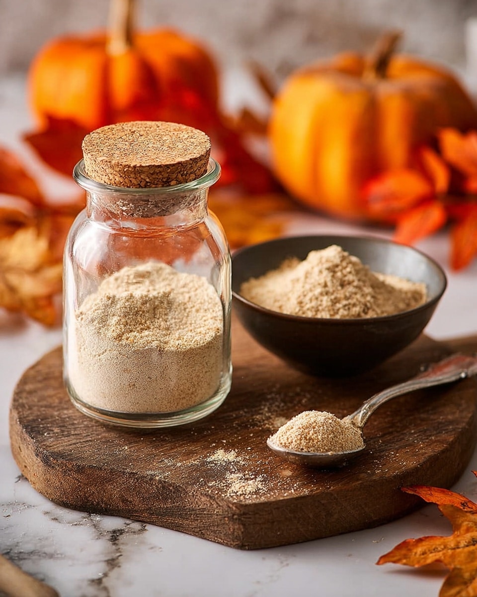 A clear glass jar filled three-quarters with light beige powder, sealed with a round cork lid, sits on a worn wooden board. Next to the jar, a dark bowl holds more of the same powder and rests on a small round wooden coaster. In front, a silver spoon holds a small amount of the powder. There are bright orange pumpkins blurred in the background with dry orange leaves scattered behind, all set on a white marbled surface. photo taken with an iphone --ar 4:5 --v 7