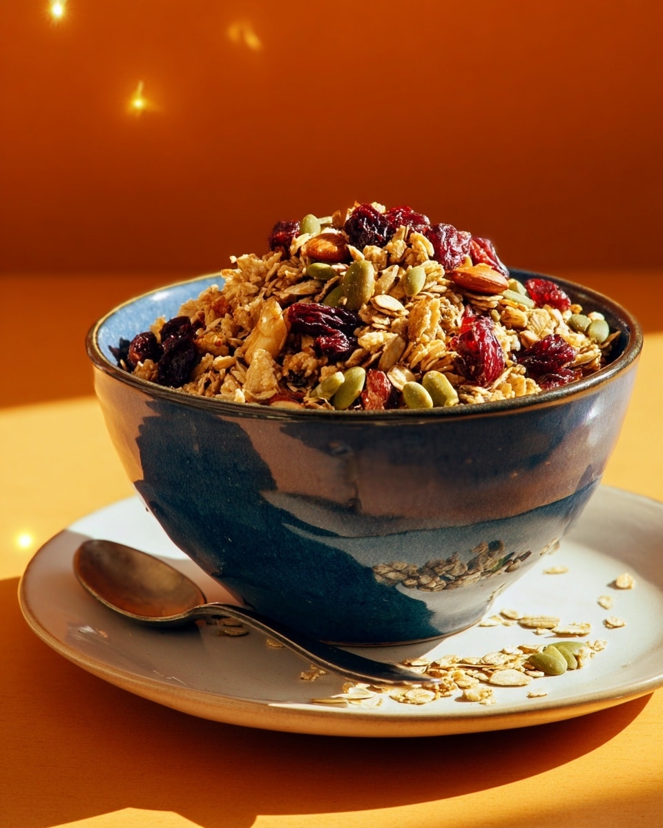 A close-up of a dark blue ceramic bowl filled with a heap of granola, showing different layers and textures like crunchy oats, scattered green pumpkin seeds, and dark red dried cranberries. The bowl sits on a white plate with a spoon next to it. The scene uses a warm orange background with soft lighting that makes glitter-like reflections near the bowl. The granola spills slightly over the bowl’s edge, adding a natural feel to the image. Photo taken with an iphone --ar 4:5 --v 7