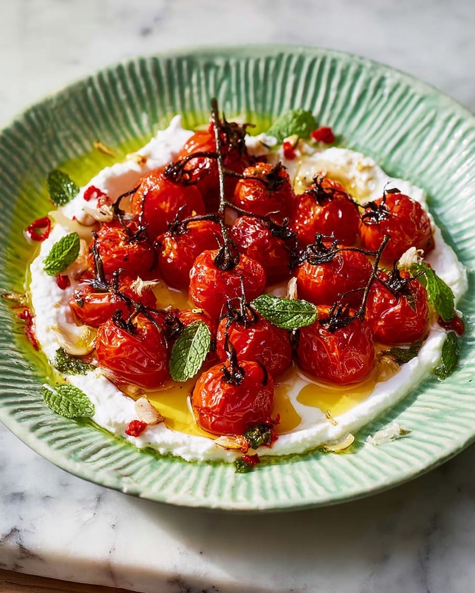 A white plate with a wavy pattern holds a dish that has two main layers. The bottom layer is a creamy white spread, smooth in texture, topped with golden oil drizzled all over. On top, there is a generous pile of bright red roasted cherry tomatoes still on their dark green stems, each tomato showing slight wrinkles from roasting. Scattered throughout are thin slices of light beige roasted garlic and small fresh green mint leaves, all resting on a white marbled surface with soft shadow patterns from nearby leaves. photo taken with an iphone --ar 4:5 --v 7