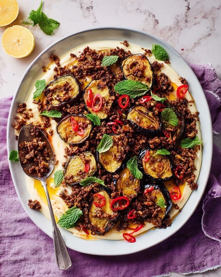 Roasted Aubergine with Crispy Lamb & Curried Turmeric Yogurt Recipe