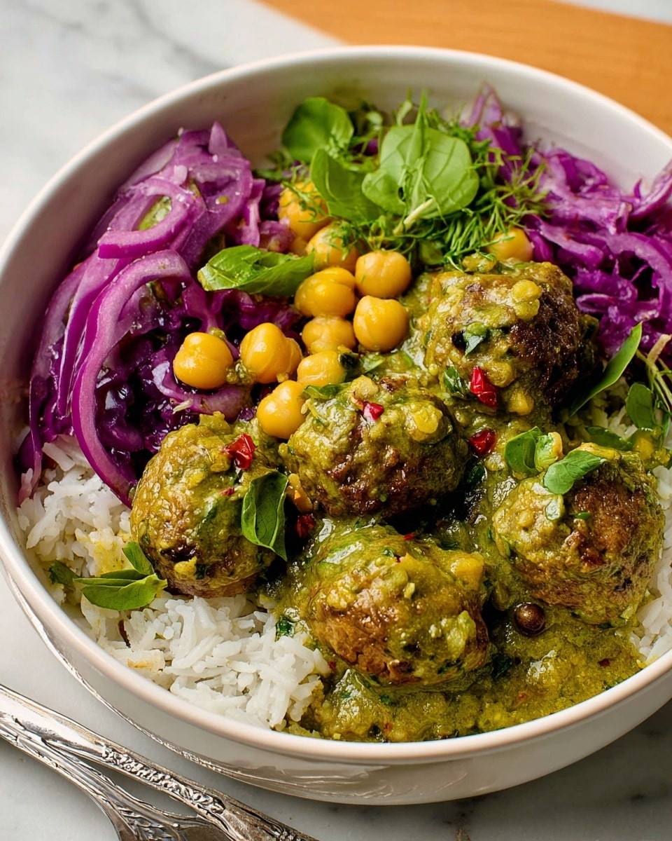 A white bowl sits on a white marbled surface, filled with a vibrant layered dish. The bottom layer consists of white rice, soft and fluffy, topped by a mix of chickpeas and green snap peas scattered throughout. On top of this, several golden-brown meatballs are coated with a chunky green sauce rich with herbs and spices. To the side of the meatballs, there is a small pile of finely sliced purple cabbage mixed with thin red onion strips, adding a fresh and colorful contrast. Fresh green parsley leaves garnish the dish, giving a final touch of bright green. A fork with a light brown woven handle is placed next to the bowl. photo taken with an iphone --ar 4:5 --v 7