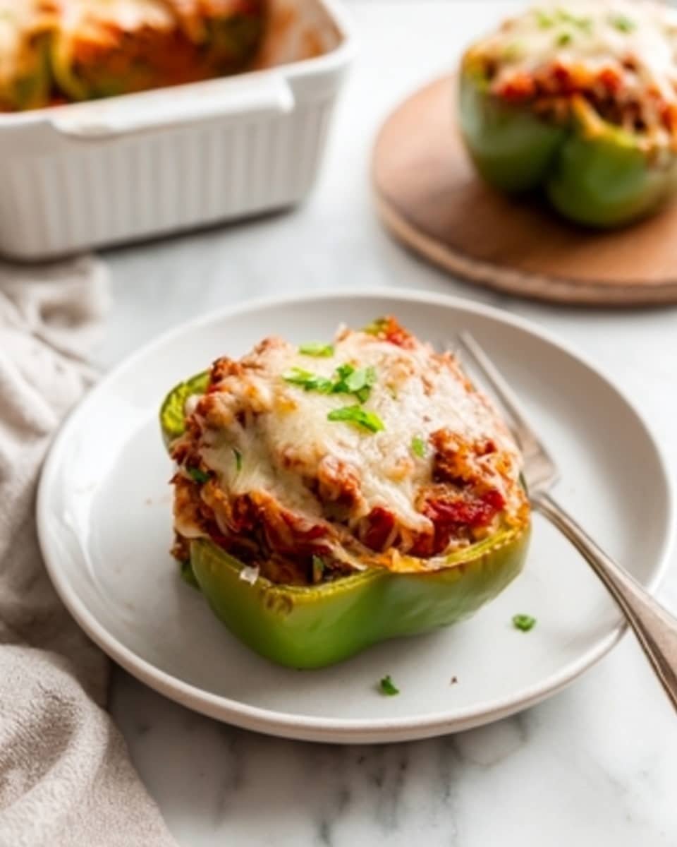 A white plate holds a green bell pepper cut in half, filled with a layer of cooked meat mixed with vegetables at the bottom, topped with a thick layer of melted cheese that is slightly browned and bubbly. The stuffed pepper is garnished with small green herbs on top. In the background, there is a white marbled surface with a beige cloth and a white casserole dish slightly out of focus. A woman's hand is gently holding the plate from the side. Photo taken with an iphone --ar 4:5 --v 7
