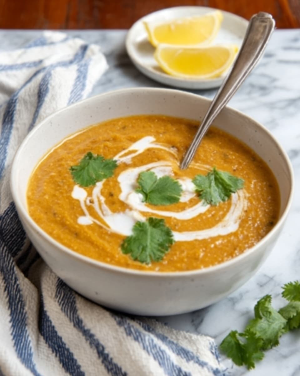 A white bowl filled with a thick, orange-brown lentil soup that has a smooth but slightly chunky texture, topped with a swirl of white cream in the center and three green cilantro leaves arranged around the swirl. A spoon rests inside the bowl, with a woman's hand holding it from the side. The bowl is placed on a white marbled surface with a blue and white striped cloth underneath. In the background, there is a small white plate holding two lemon wedges. Photo taken with an iphone --ar 4:5 --v 7