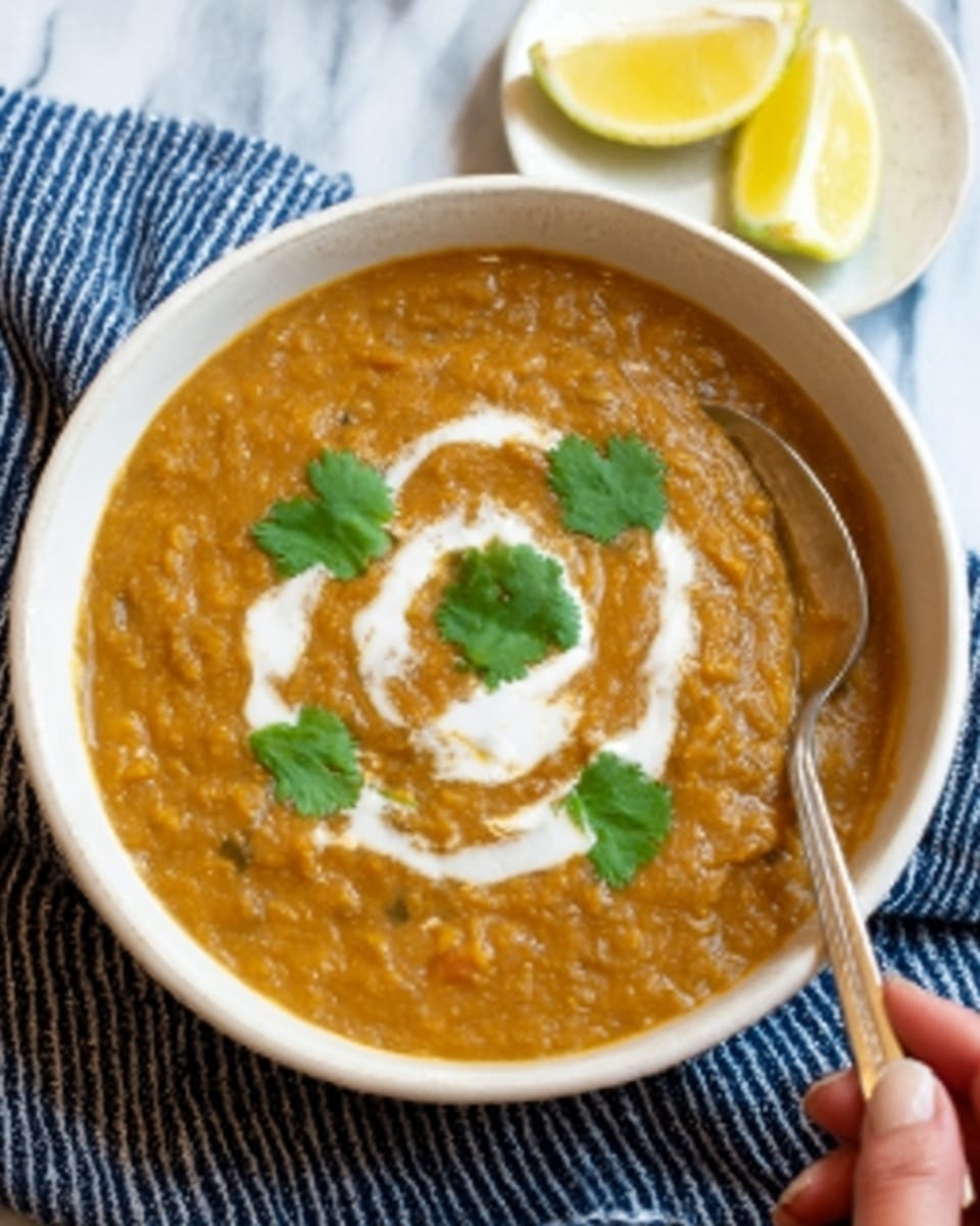 A white bowl filled with a thick, creamy orange soup sits on a white marbled surface with a silver spoon resting inside. The soup is topped with a swirl of white cream and three green cilantro leaves placed evenly on top. In the background, there is a small white plate holding two lemon wedges. A white and blue striped cloth is partially visible beneath the bowl. The photo taken with an iphone --ar 4:5 --v 7
