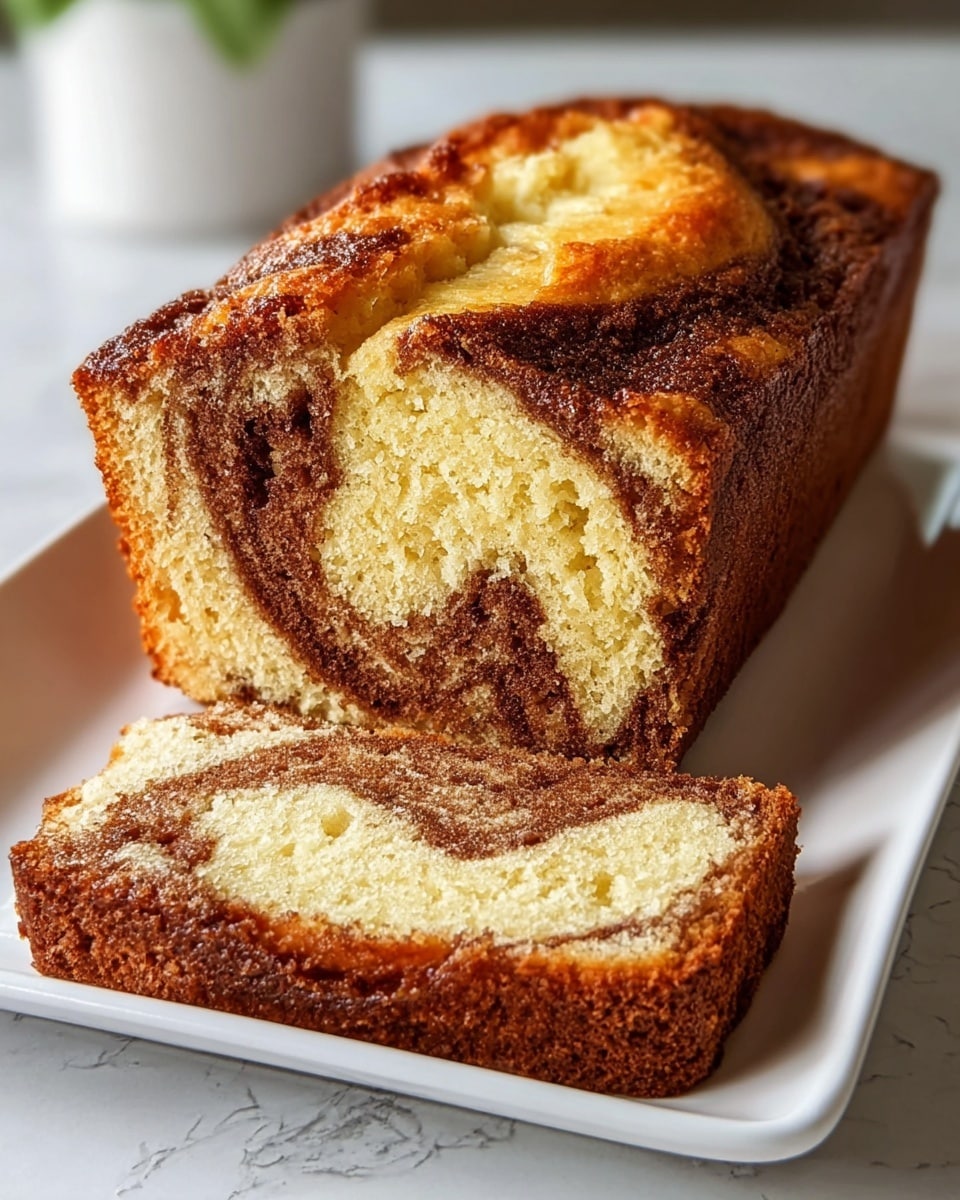 A loaf cake with two main layers sits on a white rectangular plate over a white marbled texture. The base layer is a soft, pale yellow cake with a light, spongy texture. Swirling through the middle is a rich, dark brown cinnamon layer that creates a marbled effect, mixing deeply with the yellow cake. The top of the loaf has a caramelized, golden-brown crust with a split revealing a creamy, smooth light yellow filling mixed with cinnamon, adding a glossy texture to the surface. The edges of the cake are slightly darker and crisp. Photo taken with an iphone --ar 4:5 --v 7