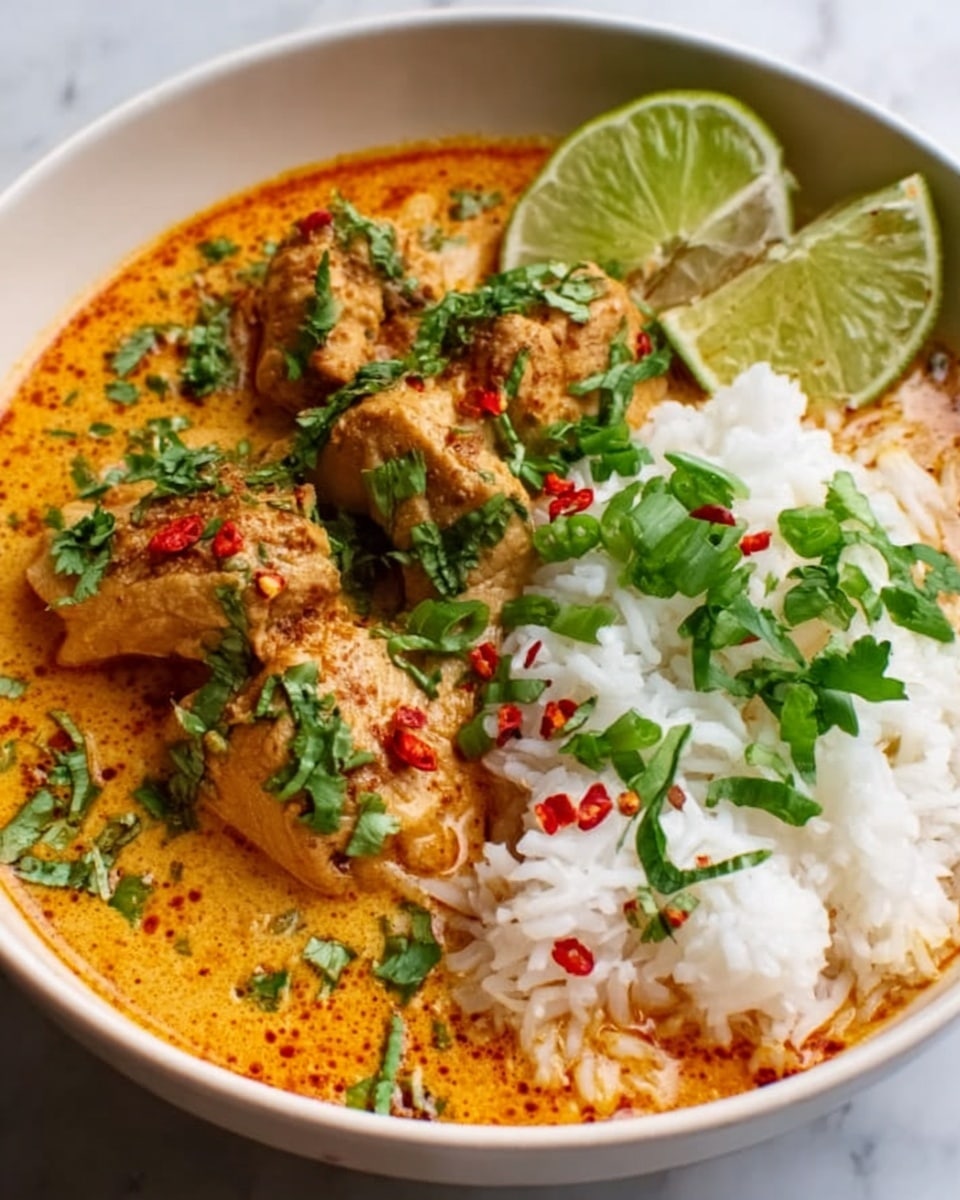 A white bowl filled with a creamy orange soup containing pieces of cooked chicken, topped with chopped green onions, fresh cilantro leaves, and red chili flakes. On one side of the bowl, there is a neat mound of white rice garnished with small green herb pieces. Two lime wedges are placed at the edge of the bowl for a fresh look. The background is a white marbled surface. The overall feel is warm and inviting, with vibrant colors from the herbs and chili flakes contrasting against the creamy soup and white rice. Photo taken with an iphone --ar 4:5 --v 7
