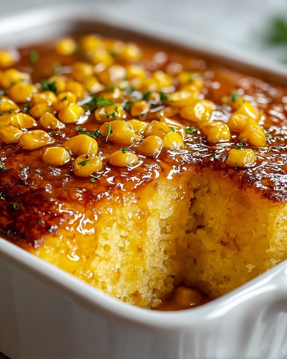 A square white ceramic baking dish holds a freshly baked golden yellow corn pudding with a thick, glossy glaze of whole corn kernels and syrupy amber sauce spread evenly over the top. The pudding has a spongy texture with a slightly browned caramelized edge around the sides, and a smooth cut section reveals the soft, moist interior layers beneath the shiny corn topping. Small green herb leaves are scattered across the surface, adding a touch of green contrast. The dish is set on a white marbled surface, and the photo is taken close up, showing the shine and texture in detail. photo taken with an iphone --ar 4:5 --v 7
