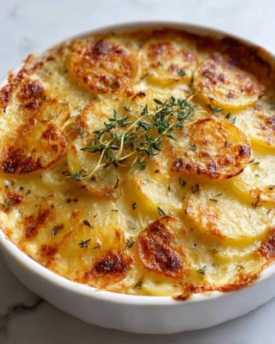 The image shows a close-up of a white dish filled with a layered potato gratin. The gratin has about five layers of thin yellow potato slices, each topped with creamy white sauce. The top layer is golden brown and crispy, with some browned spots and melted cheese. Small green sprigs of herbs, possibly thyme, are placed on top as a garnish. The edges of the dish show some bubbling sauce and browned bits. The background is a white marbled texture. Photo taken with an iphone --ar 4:5 --v 7