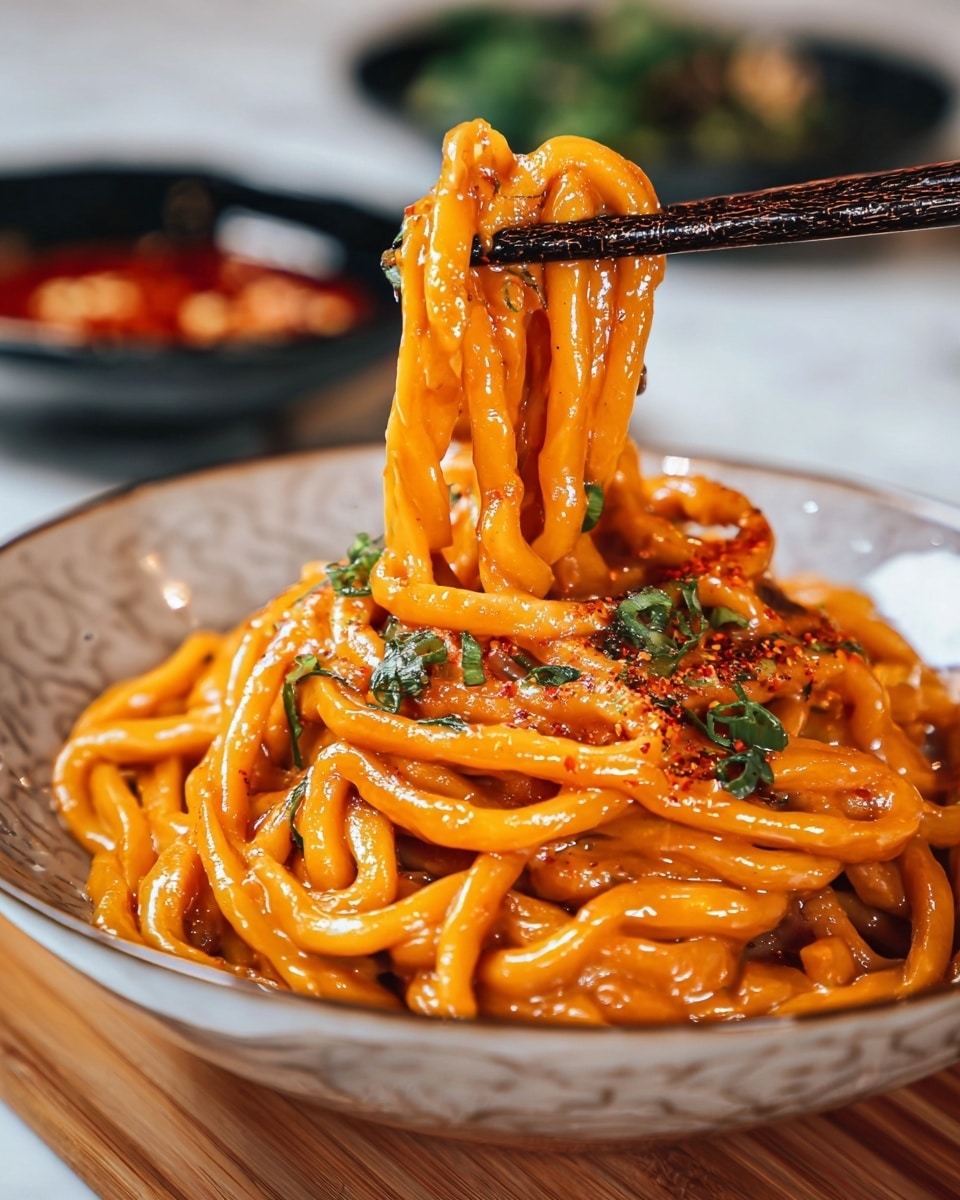 A close-up view of thick, orange-colored noodles coated in a glossy sauce, placed in a white bowl with a textured rim. The noodles have visible small green herb pieces sprinkled on top, along with reddish seasoning powder scattered over them. In the foreground, a pair of black chopsticks lifts a clump of these thick noodles, showing their shiny, smooth texture. The white marbled surface beneath the bowl adds a subtle clean background, and a blurred bowl with orange sauce and green herbs sits in the background. photo taken with an iphone --ar 4:5 --v 7