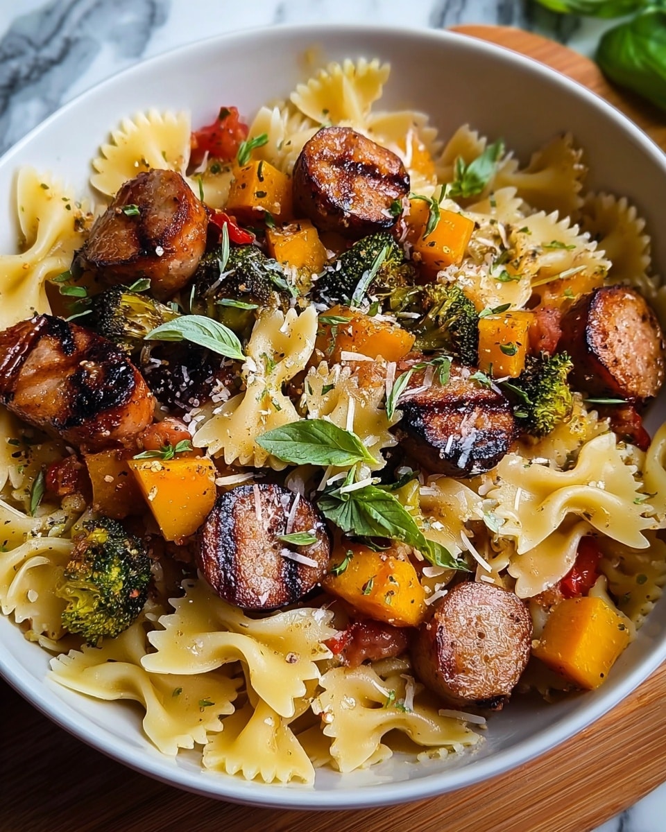 A white bowl filled with cooked bow-tie pasta as the base layer, light yellow with a smooth texture. Mixed in and on top are bright orange chunks of roasted squash with a slightly soft, roasted texture. Pieces of grilled sausage with a brown exterior and grill marks are scattered throughout, some cut to show a pinkish interior with a speckled seasoning texture. There are also small bits of roasted green broccoli florets adding a bit of rough texture and color contrast. Fresh green basil leaves and small herb sprigs are placed on top, along with a light dusting of grated white cheese. The bowl sits on a wooden surface with a white marbled background. Photo taken with an iphone --ar 4:5 --v 7