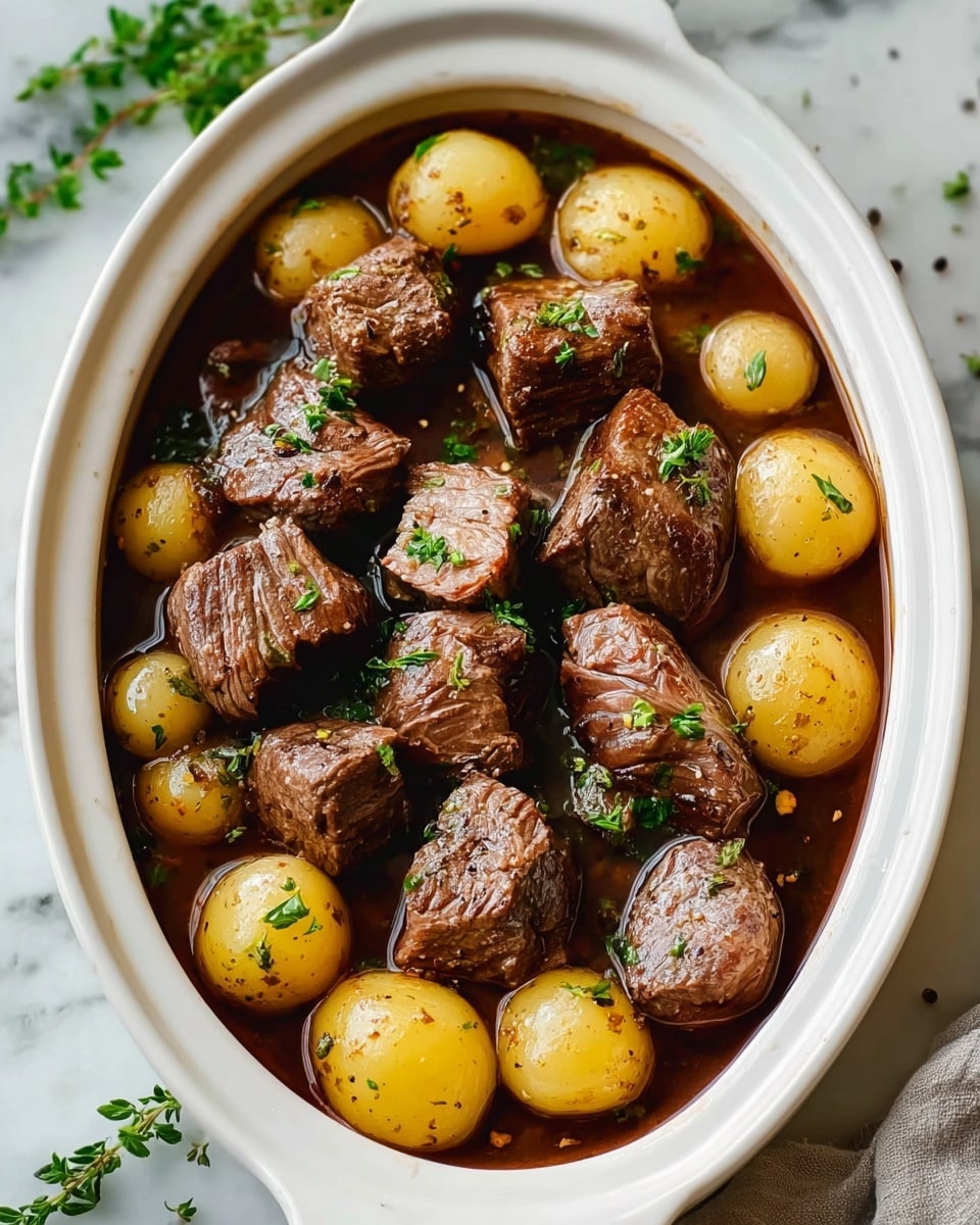 The dish is served in a white oval casserole dish filled with rich, dark brown stew broth. Visible on top are large, juicy chunks of browned beef, each sprinkled with coarse black pepper and fresh green parsley pieces, giving a speckled green contrast. Nestled among the meat are whole, small golden baby potatoes, smooth and glistening with a light coating of the broth. The surface beneath the dish is a clean, white marbled texture, adding a bright and fresh look to the overall warm, hearty presentation. photo taken with an iphone --ar 4:5 --v 7