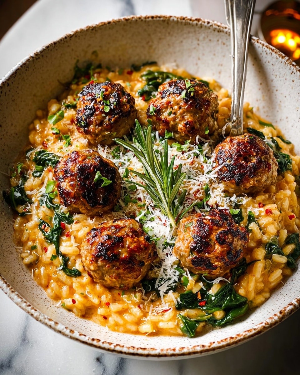 A white rustic bowl filled with a creamy orange risotto mixed with small green spinach leaves, forming the base layer. On top, there are six golden-brown grilled meatballs, evenly placed, each with a slightly charred and textured surface. The dish is sprinkled with finely grated white cheese and chopped green herbs, with a small sprig of rosemary in the center for garnish. Steam rises lightly from the dish, giving a warm and fresh feel. A silver fork rests on the right edge inside the bowl, all set against a white marbled surface. Photo taken with an iphone --ar 4:5 --v 7