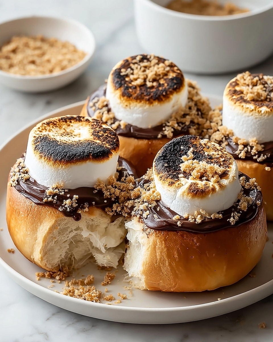 The image shows a close-up of five soft, light brown swirled rolls on a white plate. Each roll has a thick, glossy layer of dark chocolate sauce spread over the top, sprinkled with light brown crushed crumbs. A single, large toasted marshmallow with a golden-brown charred top sits on each roll. The rolls look fluffy with a slightly shiny, baked outer layer. The background is a white marbled texture and there is a small white bowl with more crumbs slightly out of focus. photo taken with an iphone --ar 4:5 --v 7