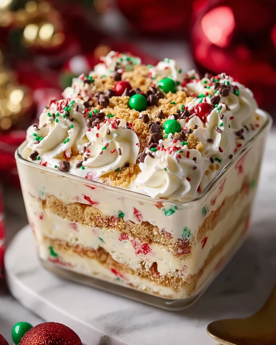 The image shows a Christmas-themed layered dessert in a clear glass square dish. There are three layers of creamy white filling mixed with colorful red and green sprinkles, separated by two layers of light brown crumbly cookie or graham cracker crust. The top layer is decorated with thick, swirled white whipped cream, sprinkled with red, green, and white round sprinkles, chocolate chips, and crumbled cookie pieces. The dish sits on a white marbled surface with festive red ornaments nearby. Photo taken with an iphone --ar 4:5 --v 7