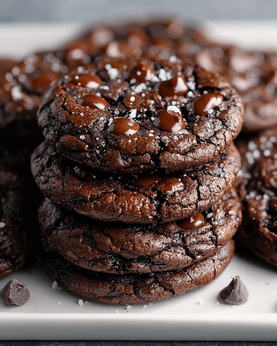 The image shows a close-up of several soft chocolate cookies stacked on a white rectangular plate. Each cookie has a rich dark brown color with a slightly cracked texture on top, revealing melty chocolate chips embedded within the surface. Some cookies have shiny dark chocolate chips sitting on top, while others show small salt flakes sprinkled across for contrast. The plate rests on a white marbled texture, with a few extra chocolate chips scattered around the edges. The cookies look thick and chewy with a gooey center, inviting and fresh. photo taken with an iphone --ar 4:5 --v 7