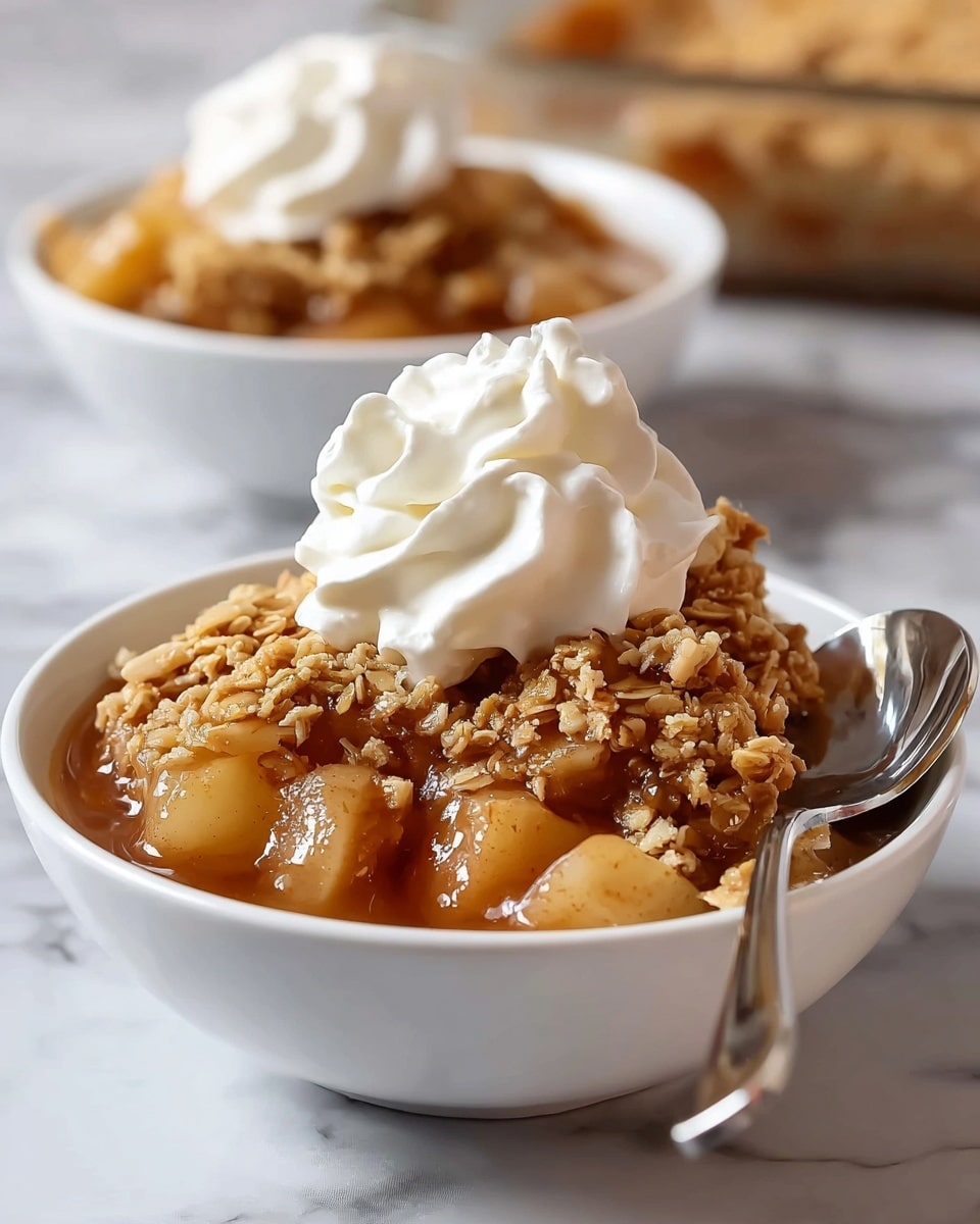 A white bowl filled with three visible layers: the bottom layer is chunky golden apple pieces covered in shiny caramel sauce, the middle layer is a thick crunchy oat and nut crumble with a toasty brown and light tan color, and the top layer is a smooth, round swirl of white whipped cream centered on the crumble; a silver spoon rests inside the bowl, and the bowl sits on a white marbled surface with another bowl slightly blurred in the background. Photo taken with an iphone --ar 4:5 --v 7