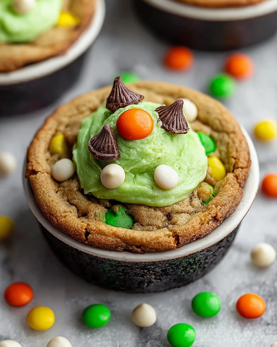 The image shows a close-up of a baked cookie in a small white cup, with three visible layers: a dark brown base layer that looks dense and moist, a middle light brown cookie layer with a cracked texture and colorful candy pieces embedded, and a top layer of thick, bright green frosting swirled smoothly in the center. On top of the green frosting, there are small candy pieces including two brown chocolate drops, one yellow candy, and one green candy, with additional white and green candies placed around the frosting on the cookie. The white marbled surface in the background has scattered orange and green candy pieces, and the image focuses sharply on the front cookie cup with other similar cups blurred in the back. photo taken with an iphone --ar 4:5 --v 7