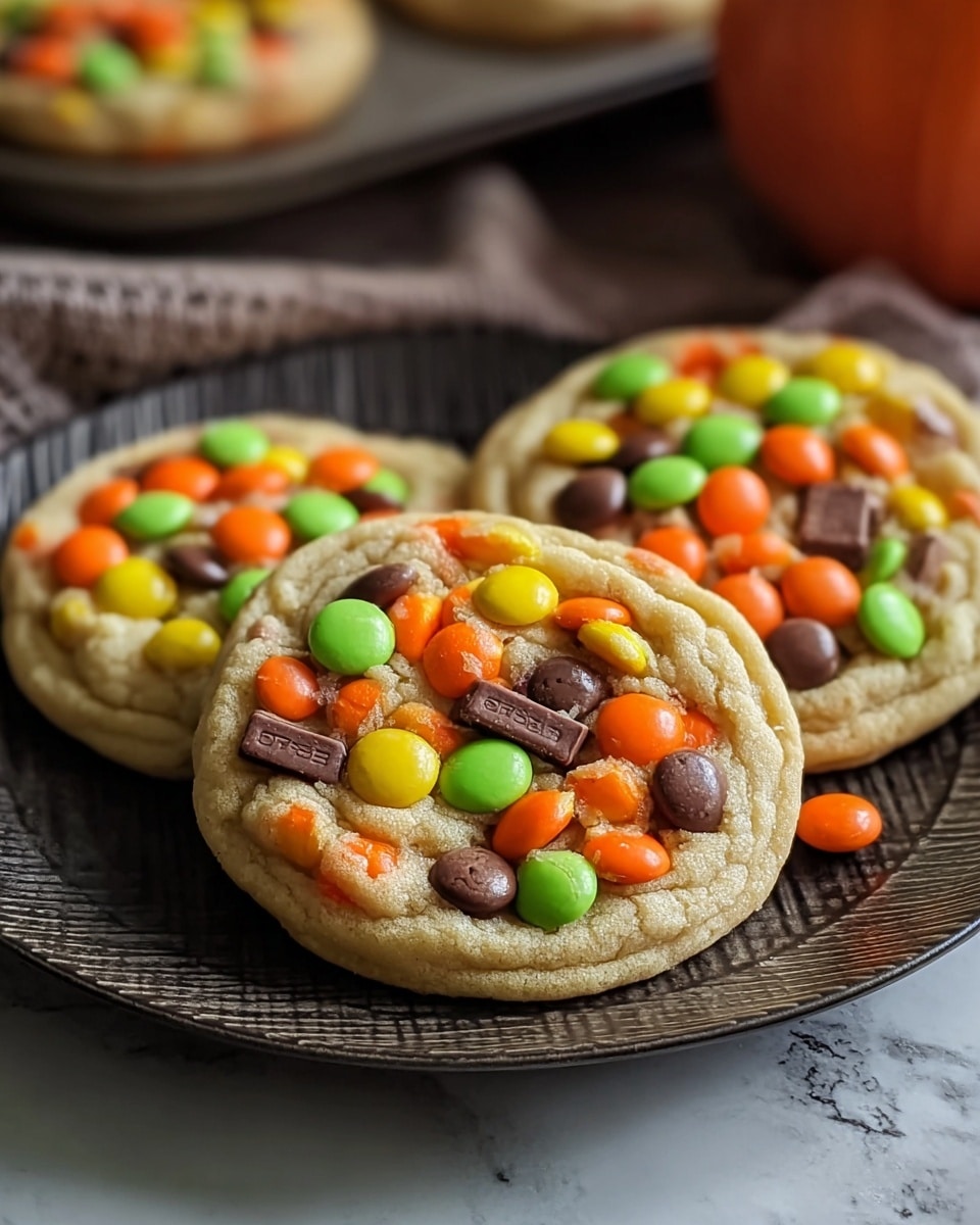 The image shows three soft, light brown cookies arranged on a dark plate with a textured pattern. Each cookie has a top layer densely covered with small, colorful candy pieces in bright green, orange, yellow, brown, and chocolate stick shapes, creating a multicolored and slightly glossy topping. The cookies' edges are slightly cracked, revealing a chewy texture beneath. The background features a white marbled texture with soft natural light. Photo taken with an iphone --ar 4:5 --v 7