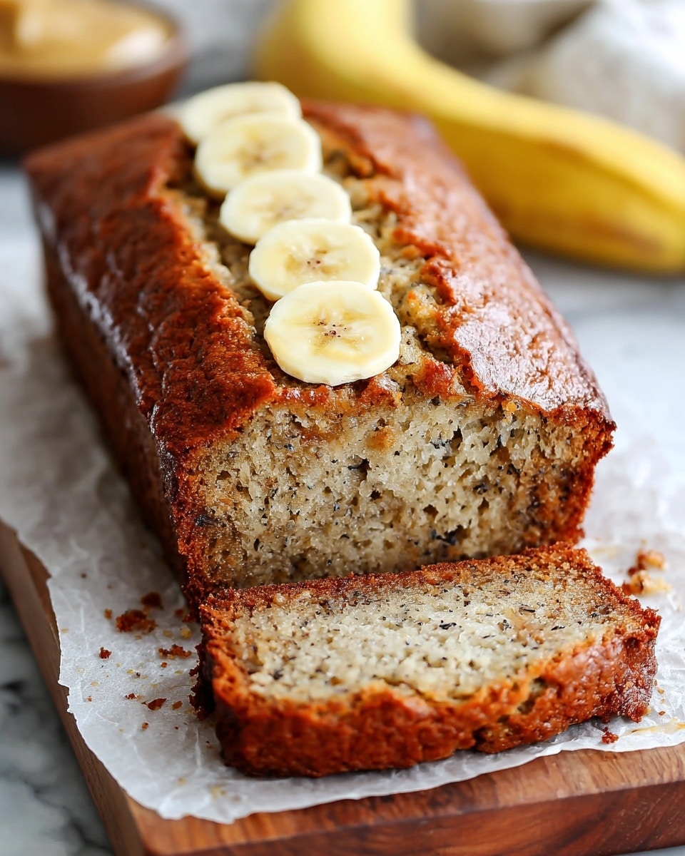 A loaf of banana bread is shown cut into three thick slices on a piece of white parchment paper placed on a wooden board. The banana bread has a golden brown crust with a moist, speckled, soft interior visible inside the slices. On top of the loaf, there is a row of banana slices arranged in a neat line down the middle. In the background, a whole banana is partially visible, and there is a cloth with a black and white pattern nearby. The surface beneath is a white marbled texture. Photo taken with an iphone --ar 4:5 --v 7