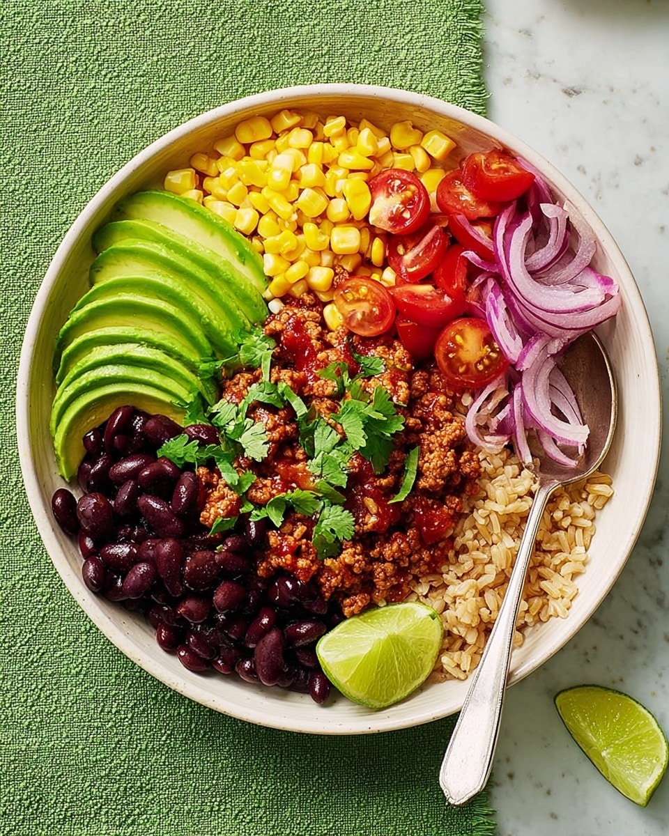 A white bowl filled with a base layer of cooked brown rice covers the bottom. On top, there are neatly arranged sections: bright yellow corn kernels, halved red cherry tomatoes with green leaves, dark purple-black beans, thin slices of light purple-red onion, and four slices of fresh green avocado on one side. In the center, a layer of reddish-brown cooked ground meat mixed with red bell peppers and garnished with fresh green cilantro leaves sits atop the rice. A lime wedge rests near the edge of the bowl, and a silver spoon is placed inside. The bowl is set on a white marbled surface, next to a green cloth. Photo taken with an iphone --ar 4:5 --v 7