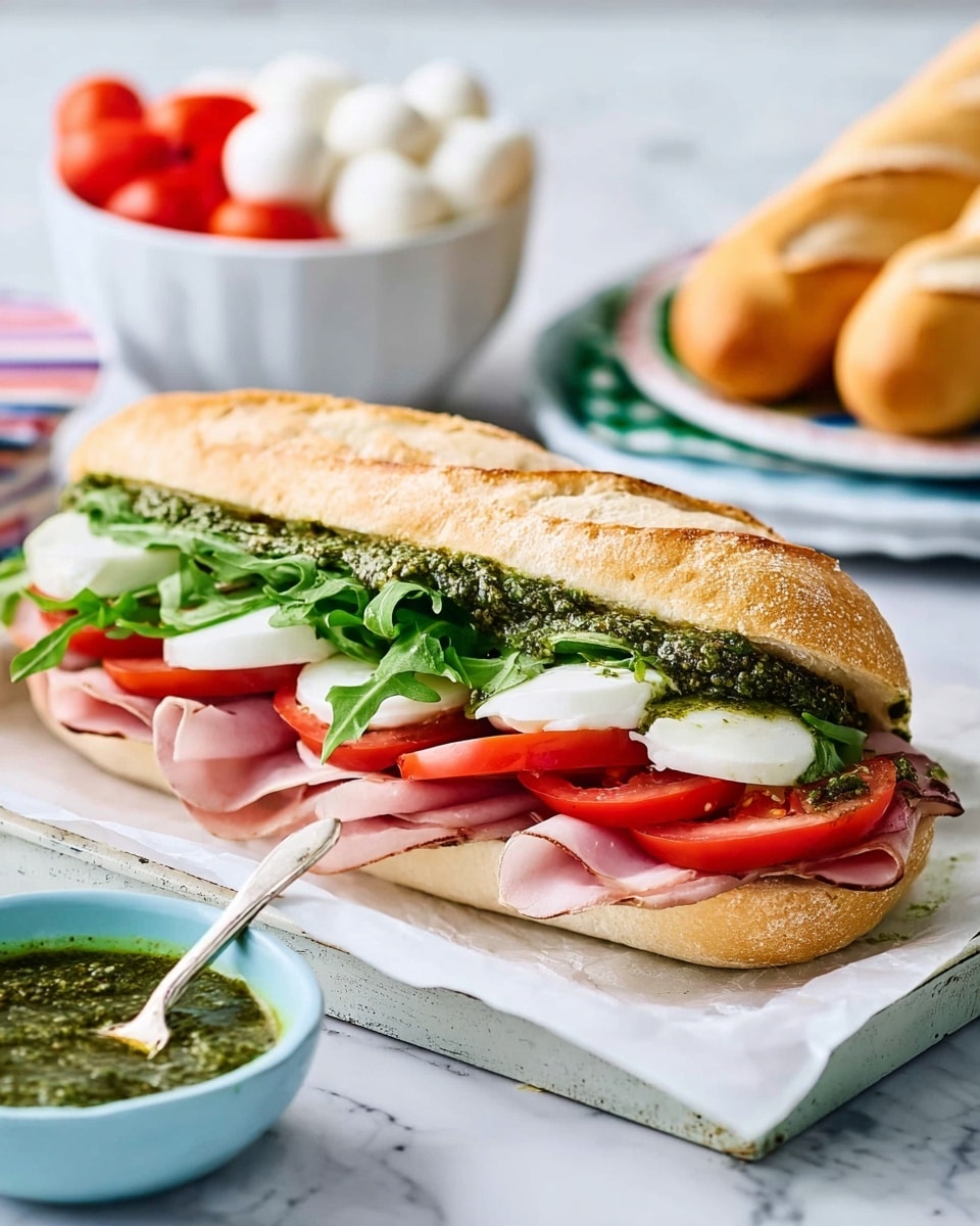 A sandwich on a white baguette is shown with four main layers: the bottom layer is light pink slices of ham, followed by bright red tomato slices, then fresh green arugula leaves, and finally white mozzarella slices topped with a thick layer of green pesto sauce. The sandwich sits on white parchment paper on a rustic blue tray with a worn edge. Nearby, a white bowl contains more pesto with a spoon inside, and another white bowl holds extra white mozzarella and tomato slices. In the background, three whole white baguettes rest on a white marbled surface. Photo taken with an iphone --ar 4:5 --v 7